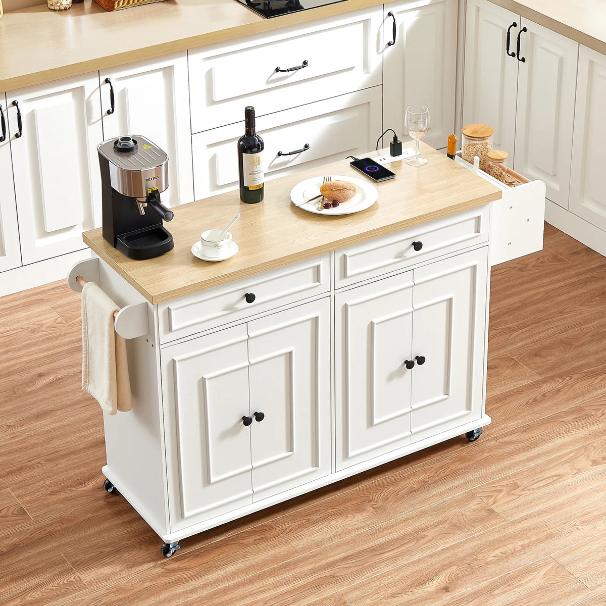 Wooden Rolling Kitchen Island With Storage And Spice Rack