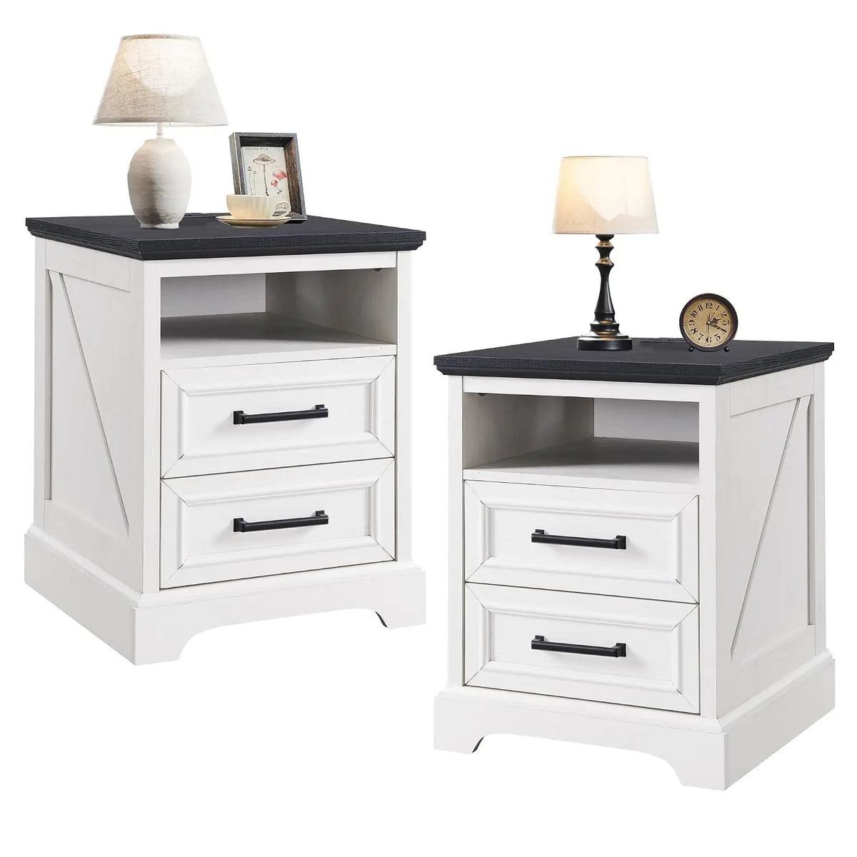 Farmhouse Nightstands Featuring Two Storage Drawers And Charging Station