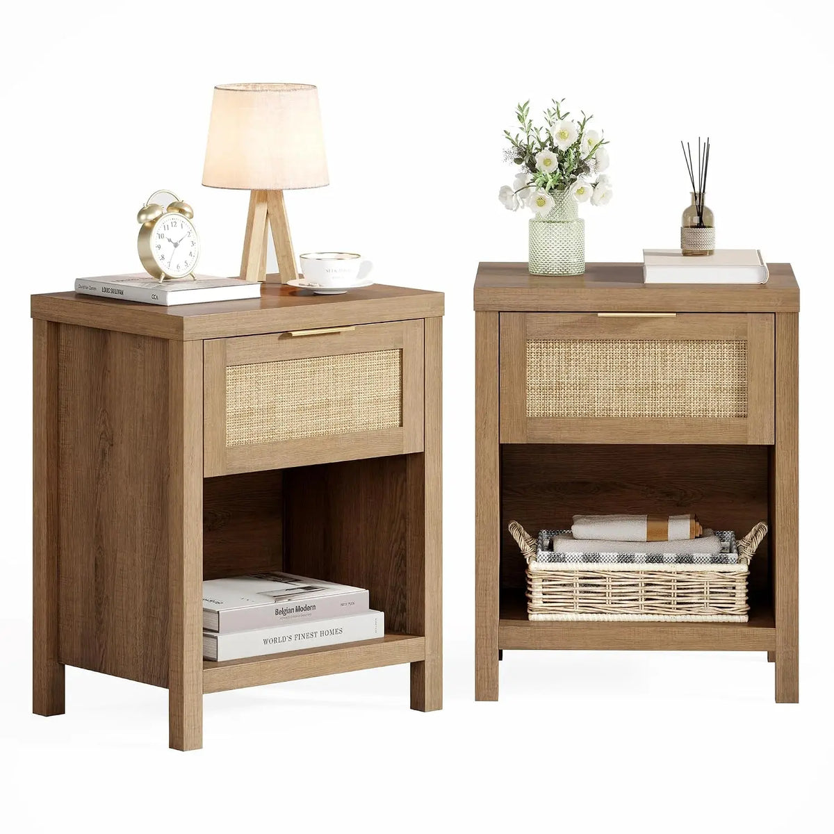 Farmhouse Rattan Nightstands Set Of 2 Drawers Bedside Accent Table