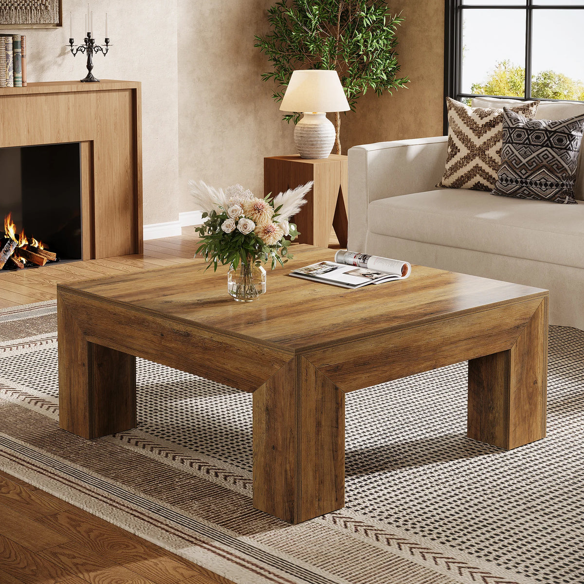 Tribesigns Square Farmhouse Coffee Table With Wooden Legs