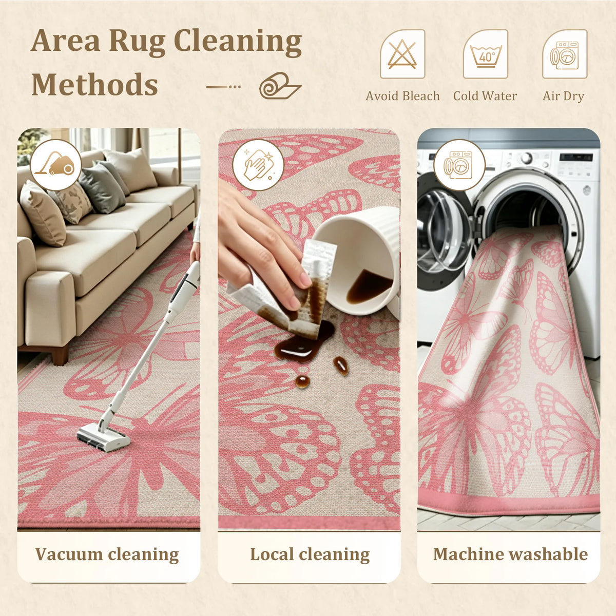 Large Indoor Area Rug, Soft Velvet Low Pile Floor Rug with Pink Butterfly Pattern, Non-Slip Dotted Backing, Machine Washable Decorative Carpet for Living Room, Bedroom, Girls' Room