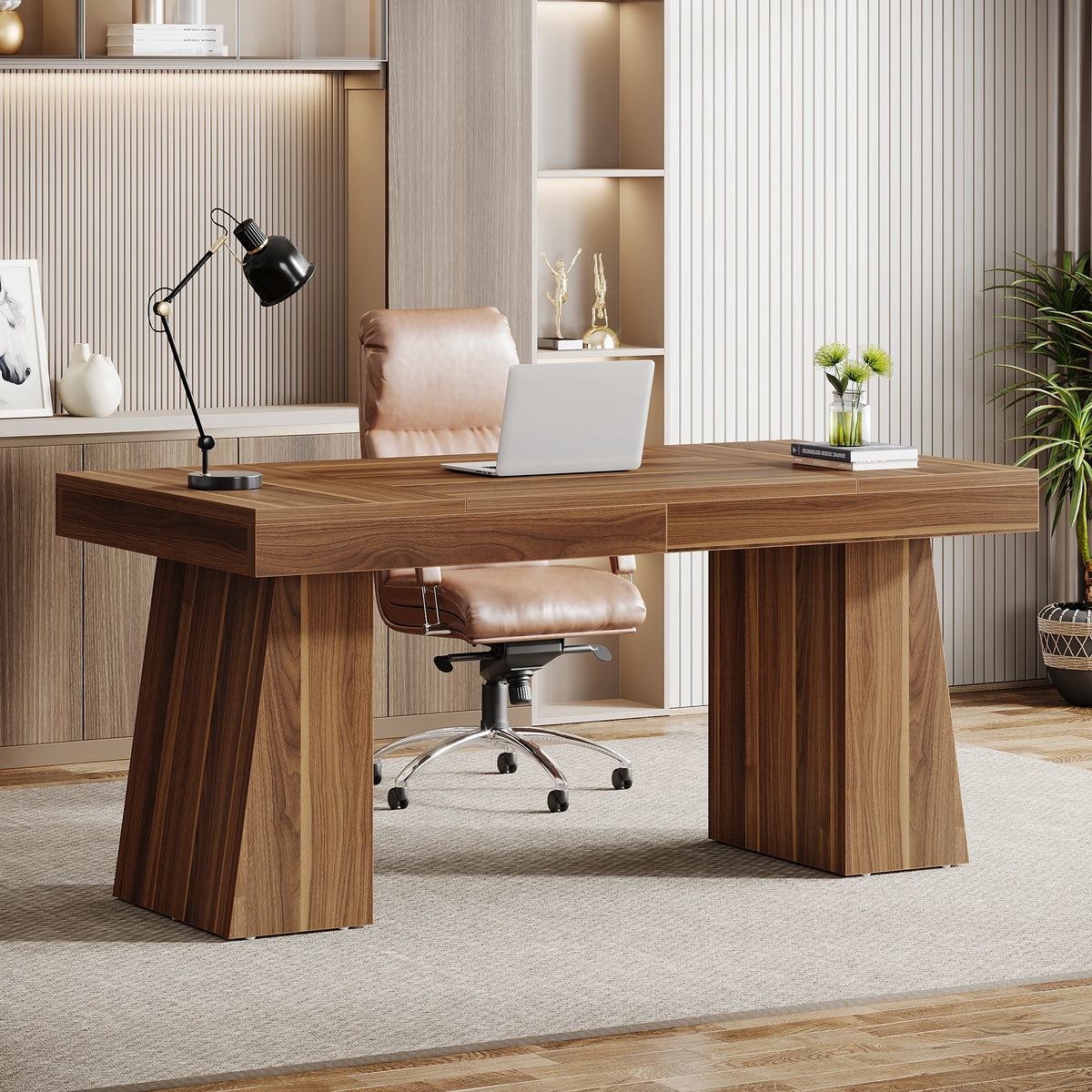 Tribesigns Wooden Executive Office Desk With Double Pedestals