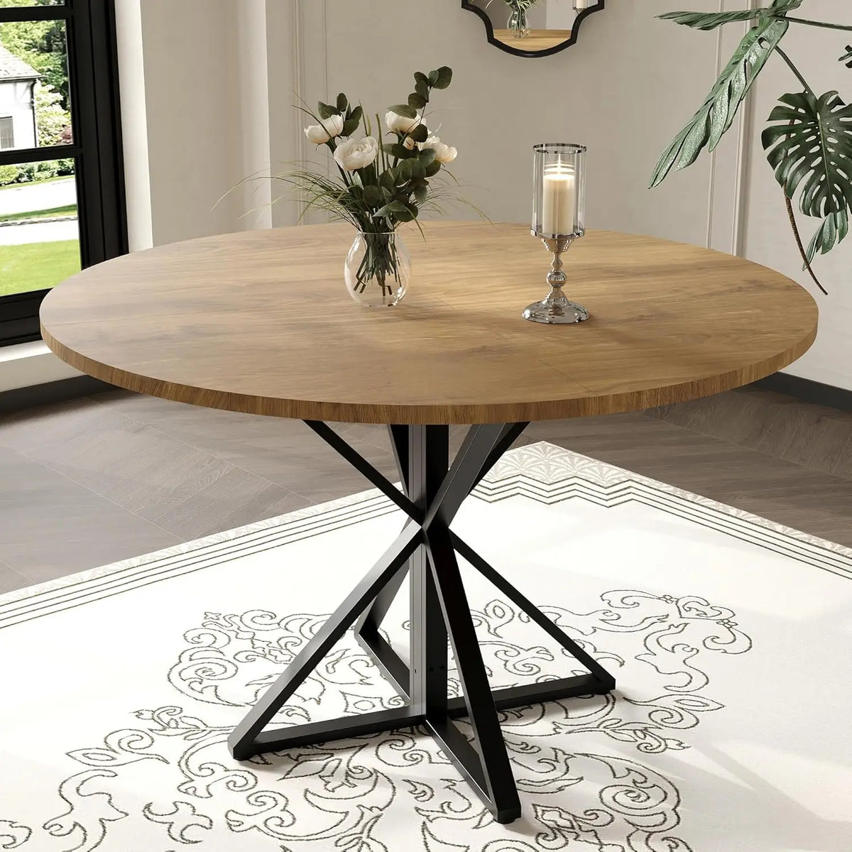 Twister Ck Round Wood Dining Table With Metal Pedestal Base