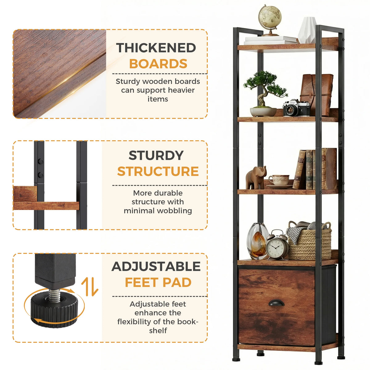 Industrial Metal Bookshelf With Fabric Drawer And Open Storage Shelves