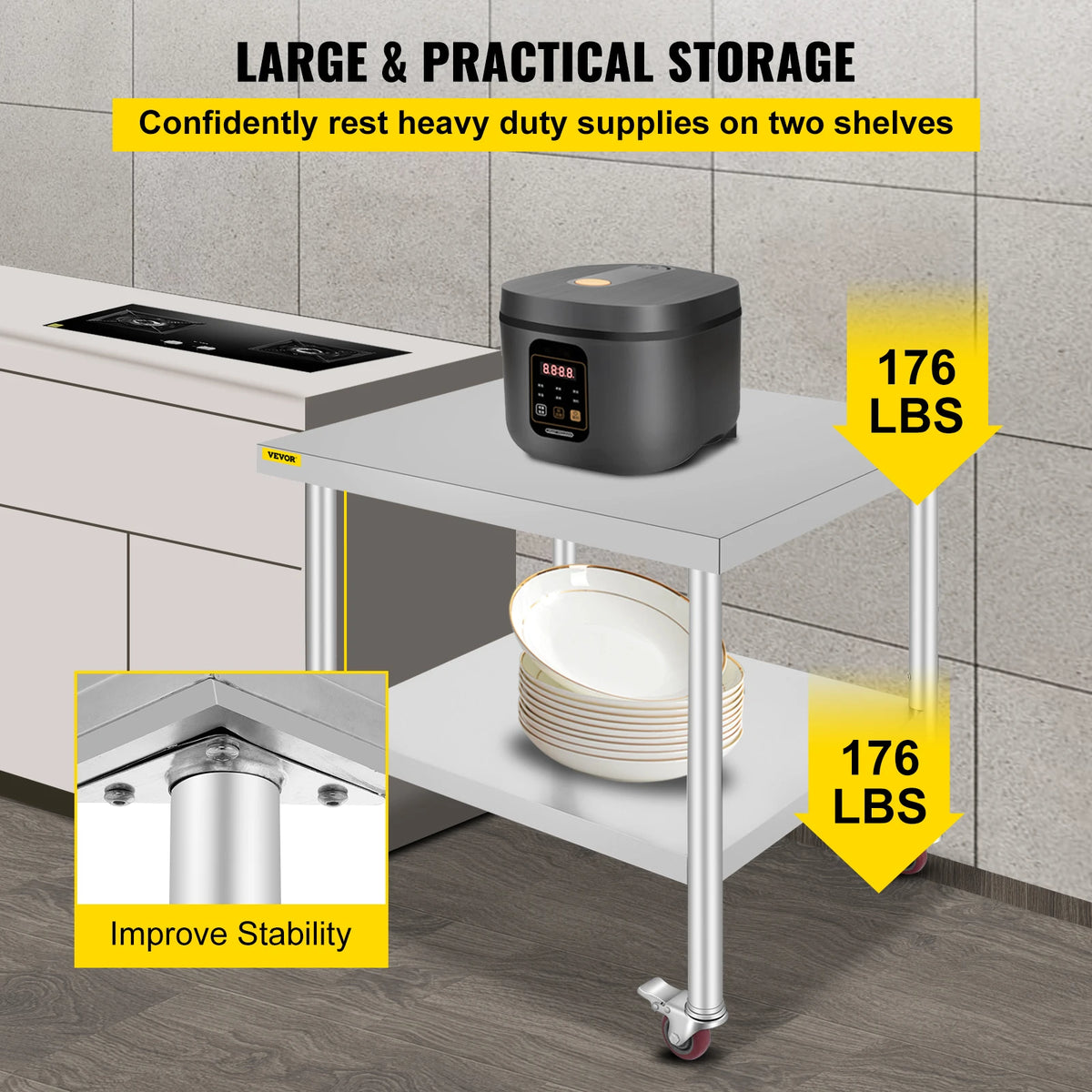 SucceBuy Stainless Steel Kitchen Prep Table With Backsplash
