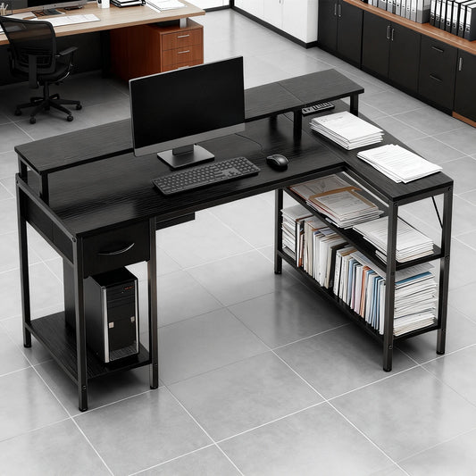 JHK L Shaped Gaming Desk With USB Charging Ports LED