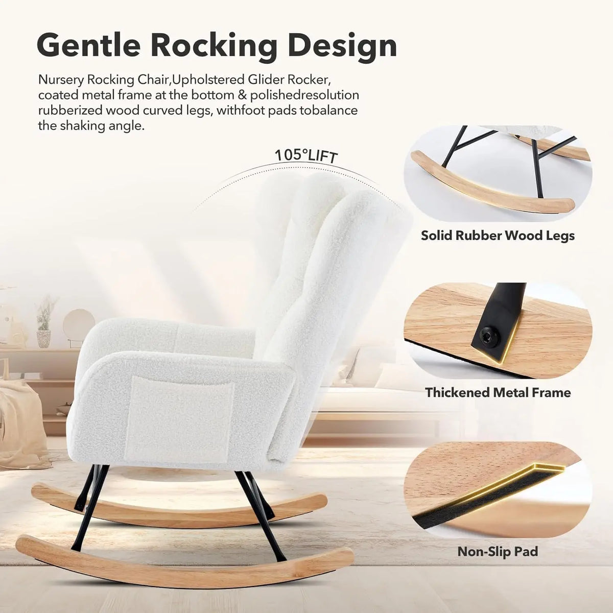 Studyset Modern Teddy Boucle Rocking Chair With Side Pocket Storage