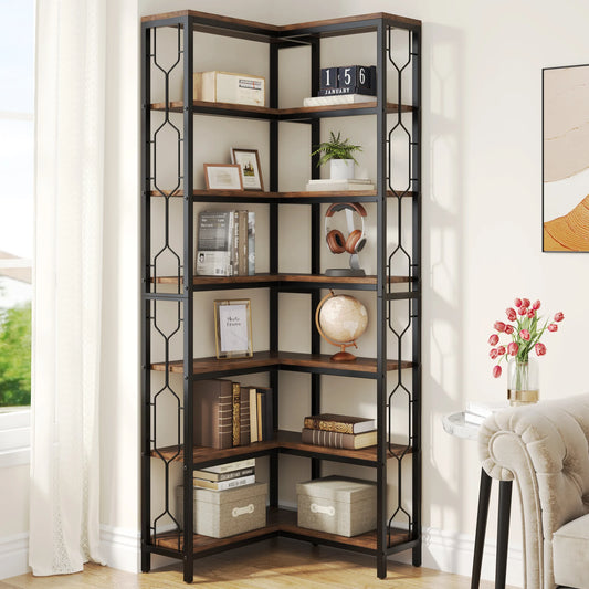 Tribesigns Seven Tier Industrial Corner Shelf Wood Metal Bookcase