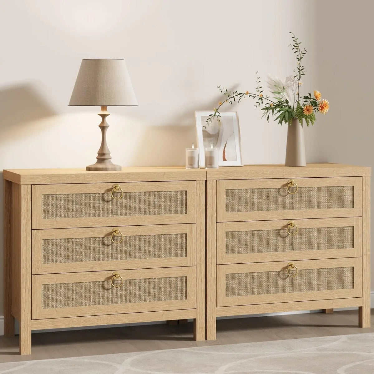 Modern Rattan Bedroom Nightstands With Drawers And Storage Shelf