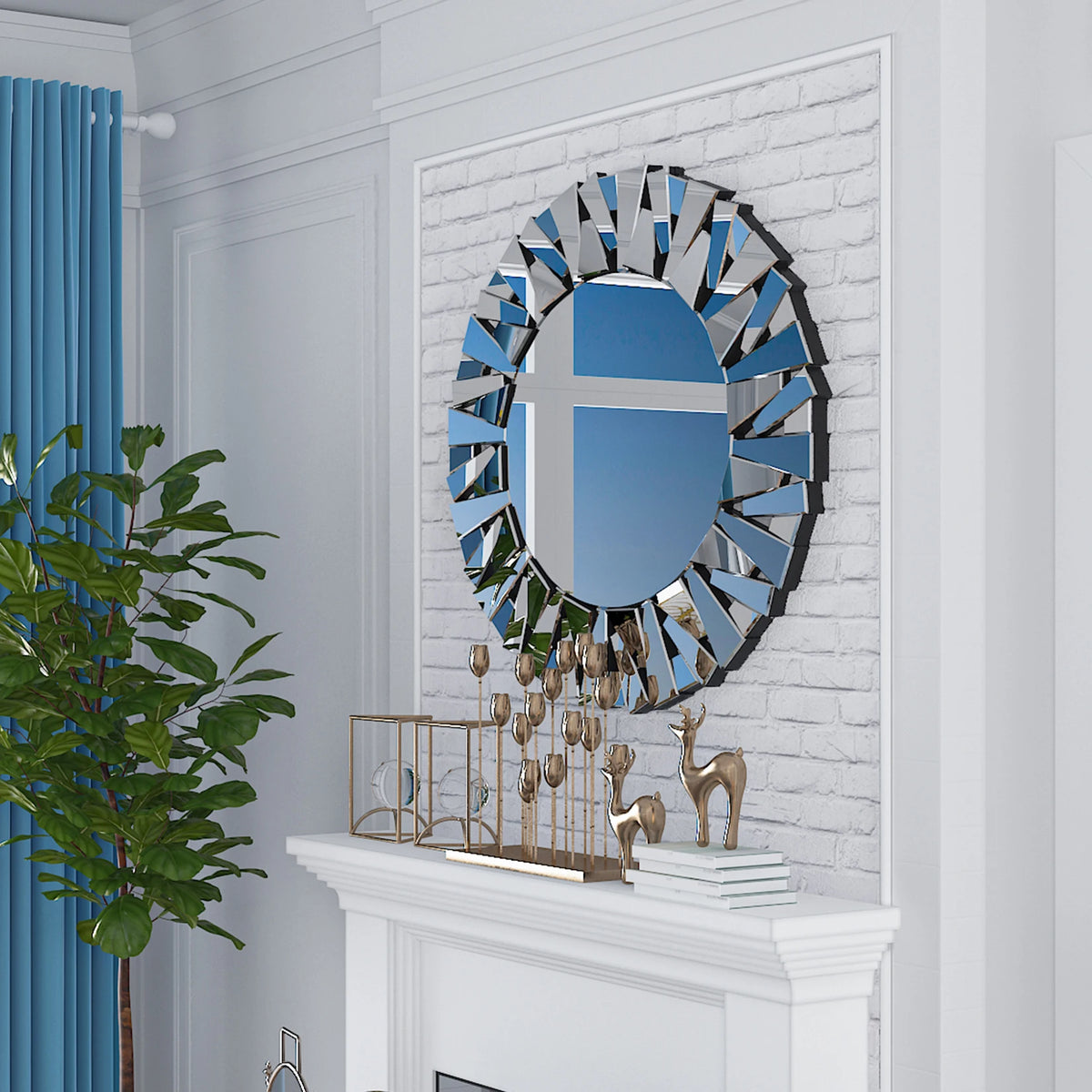 Decorative Round Sunburst Mirror Wall Mounted Beveled Glass