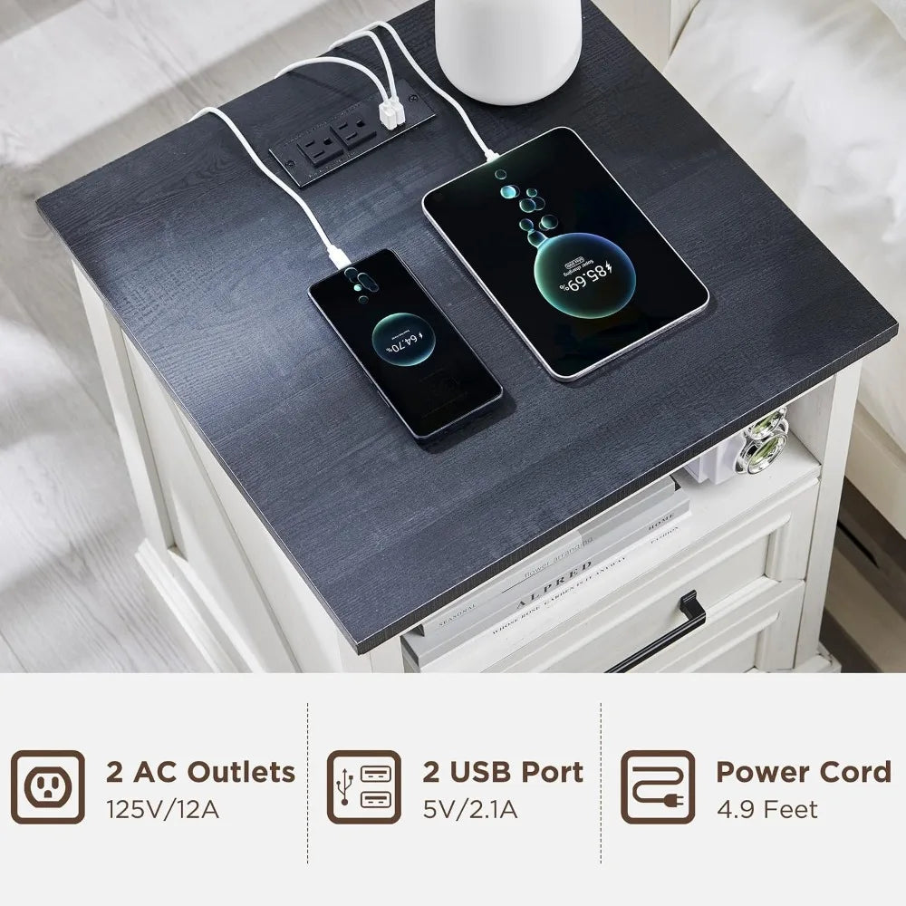 Farmhouse Nightstands Featuring Two Storage Drawers And Charging Station