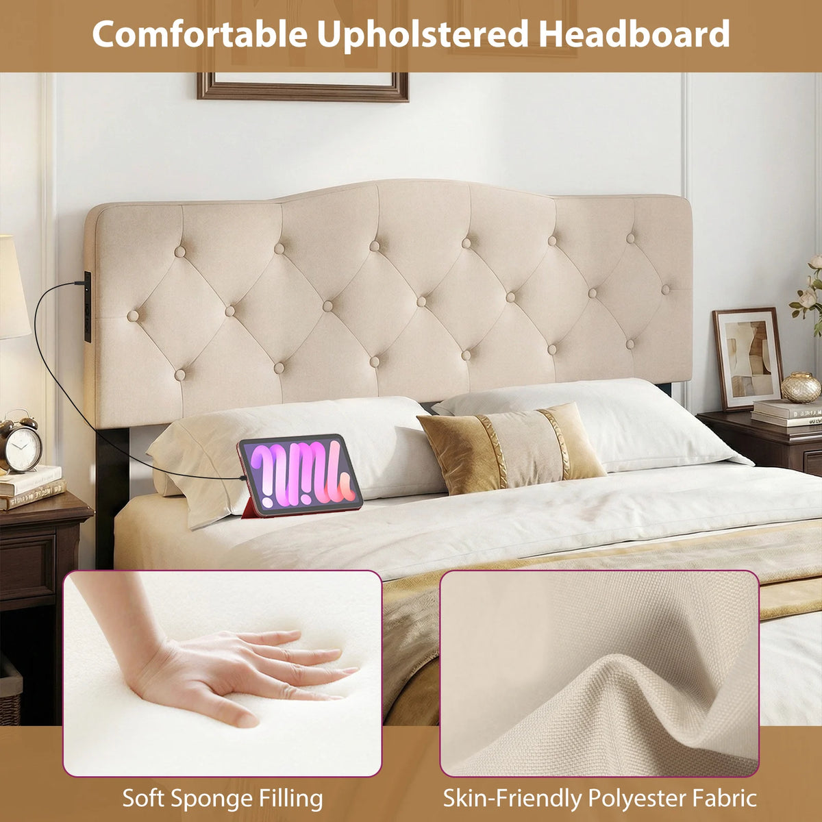 Homasis Tufted Upholstered Headboard With Integrated AC Outlets