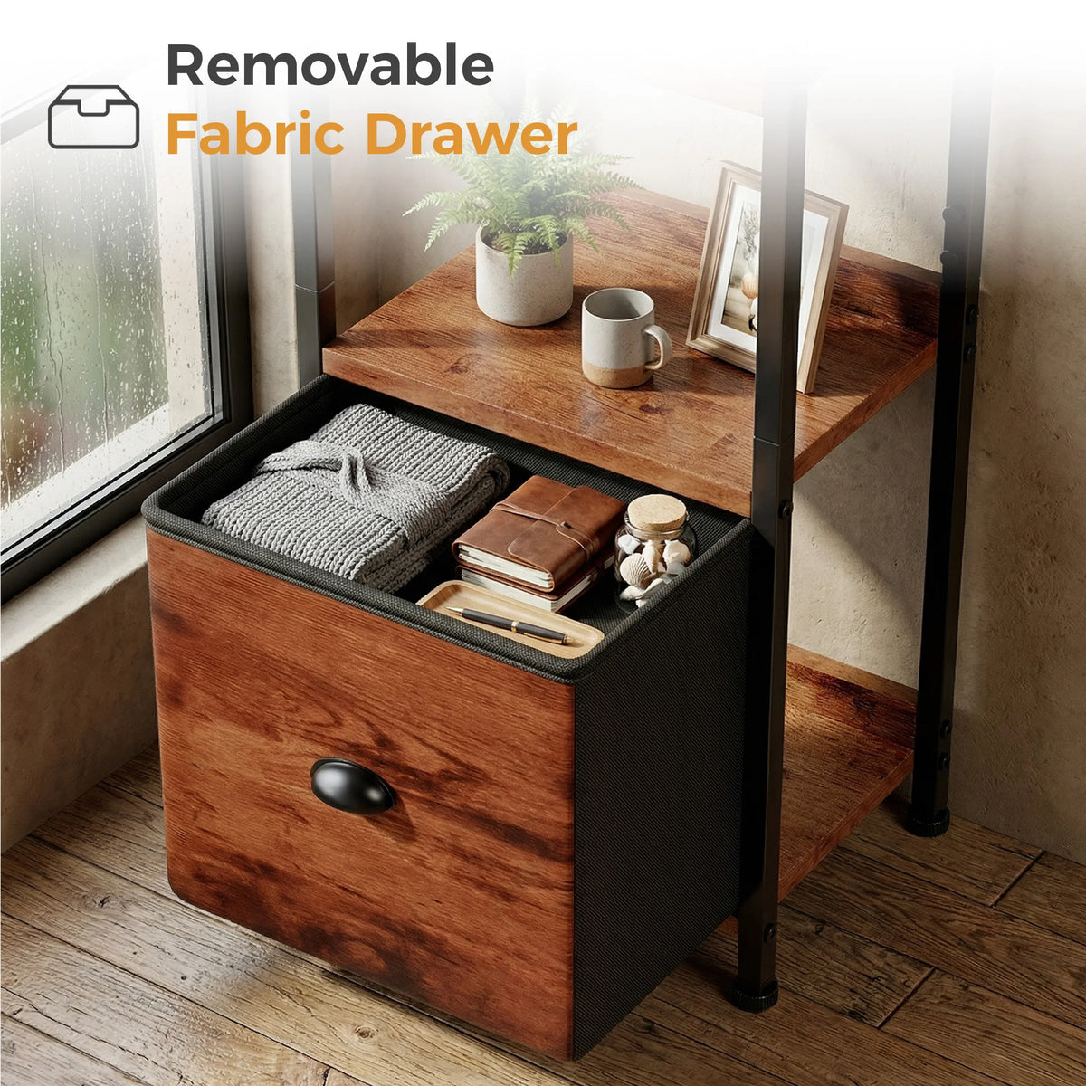Industrial Metal Bookshelf With Fabric Drawer And Open Storage Shelves