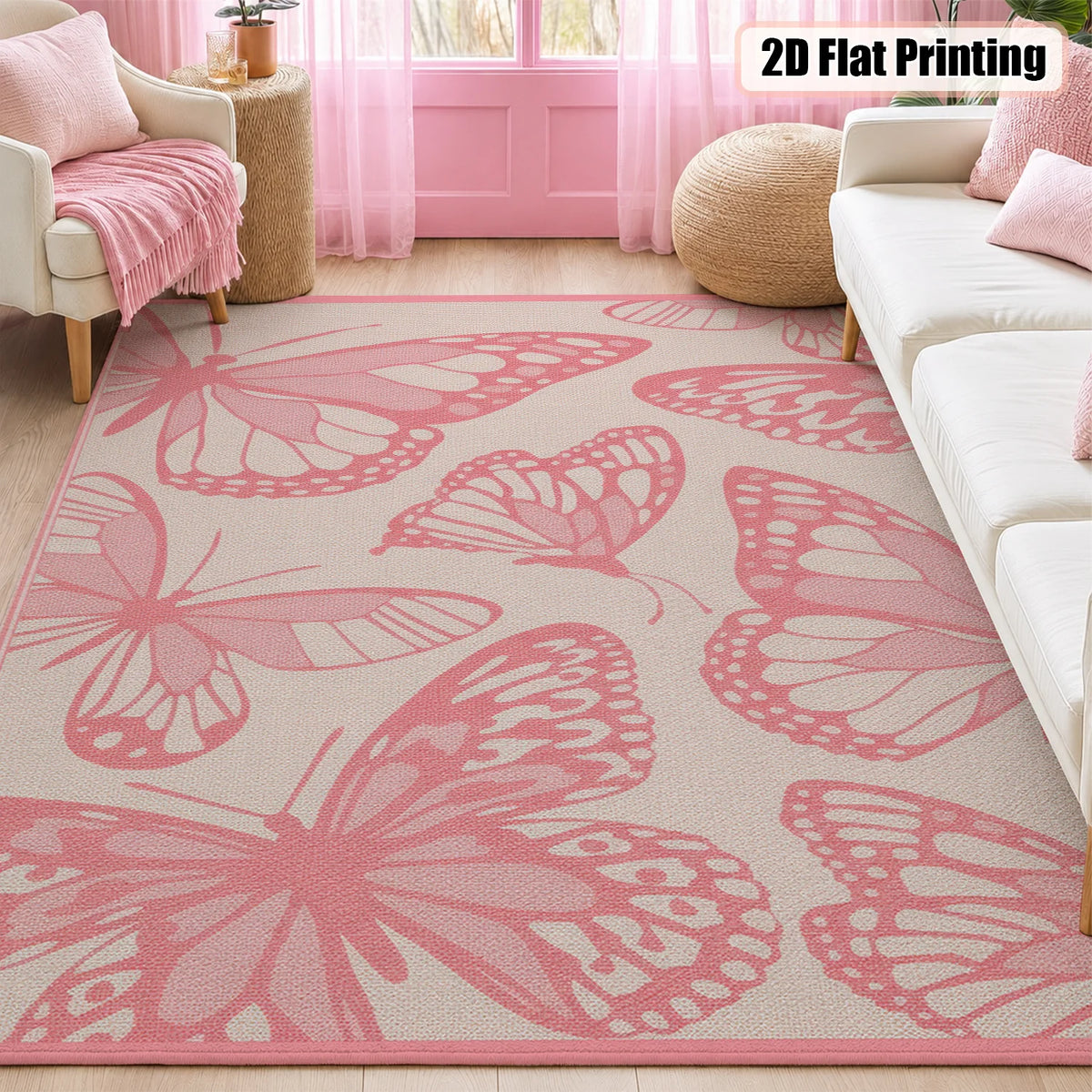 Large Indoor Area Rug, Soft Velvet Low Pile Floor Rug with Pink Butterfly Pattern, Non-Slip Dotted Backing, Machine Washable Decorative Carpet for Living Room, Bedroom, Girls' Room