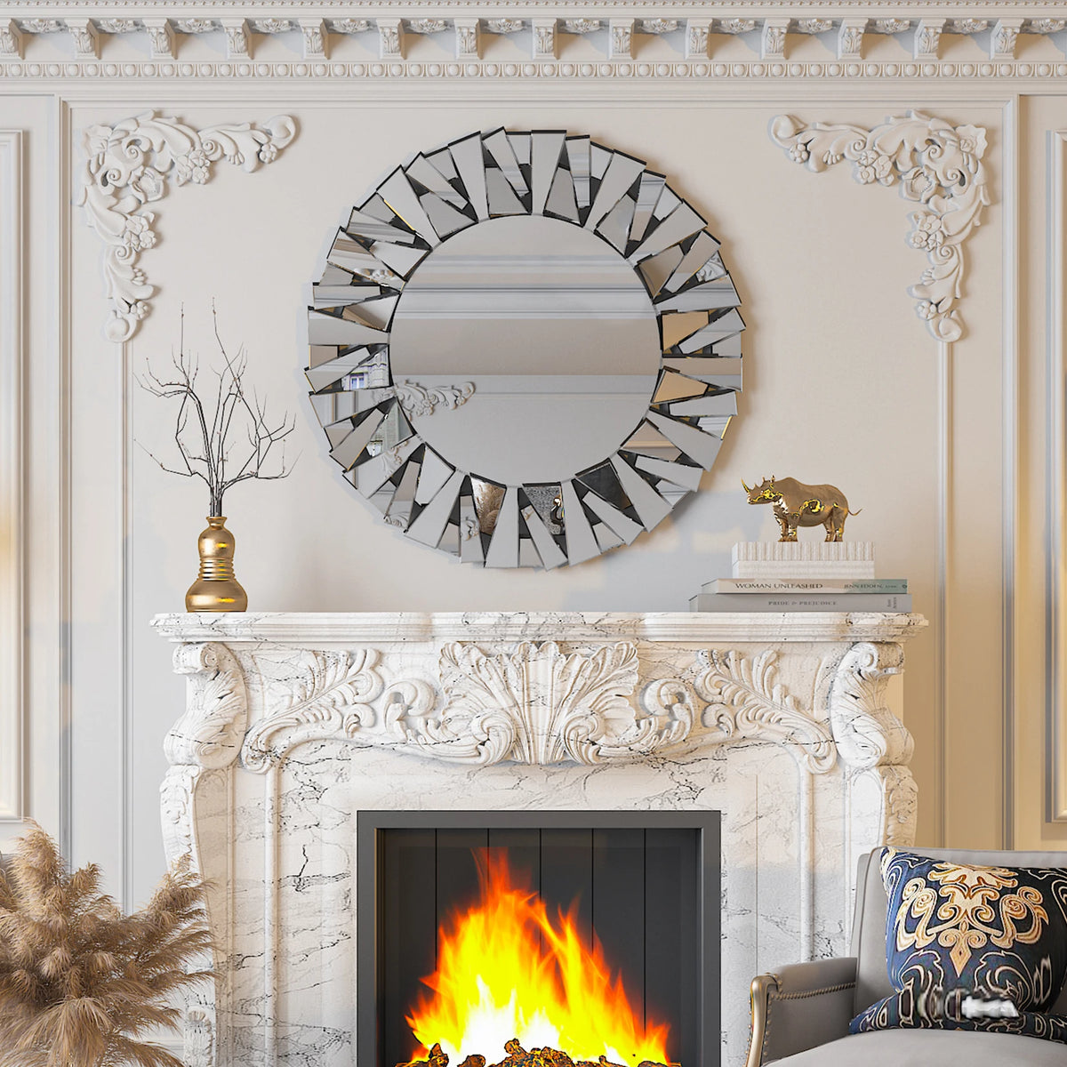 Decorative Round Sunburst Mirror Wall Mounted Beveled Glass