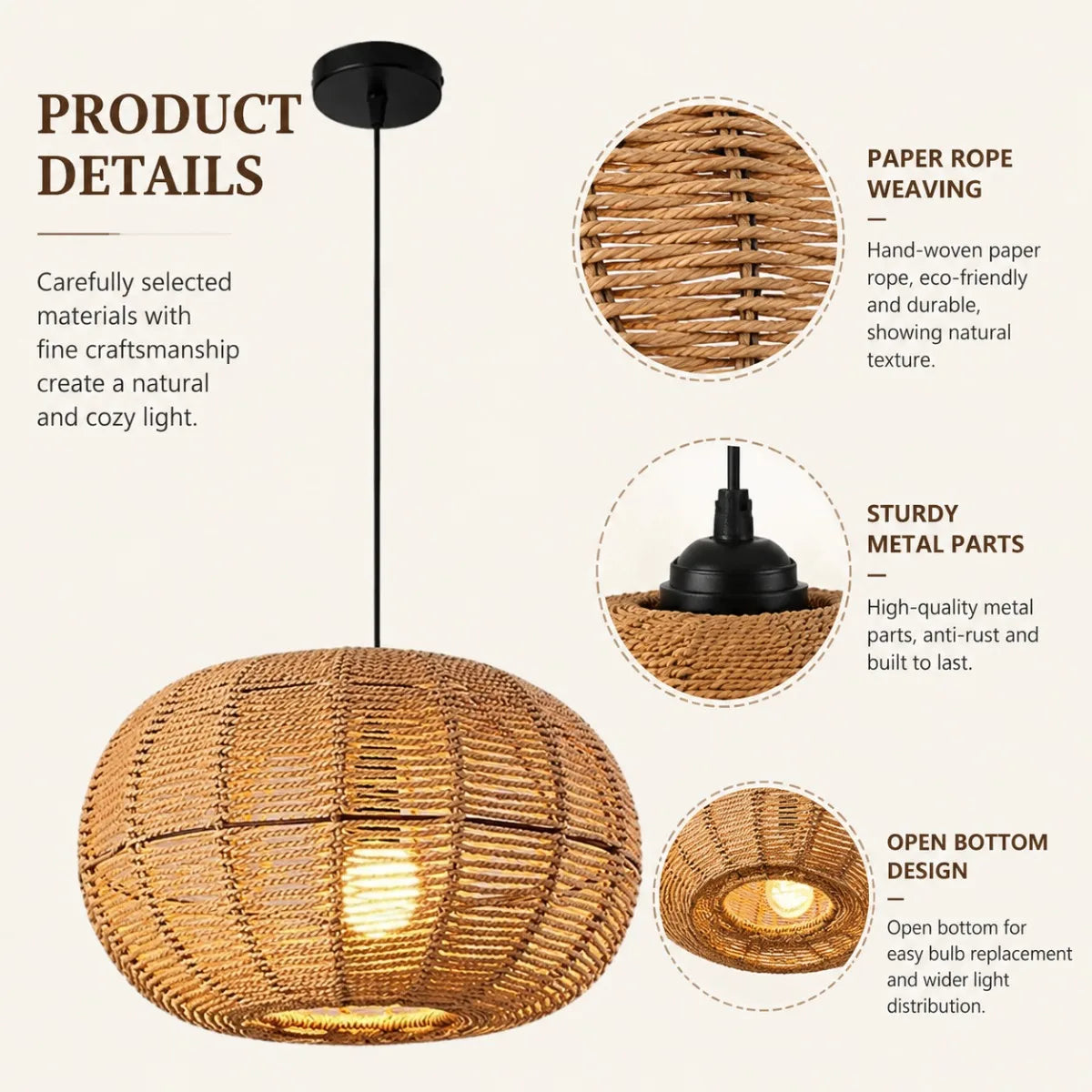 JOYINLED Hand Woven Rattan Boho Pendant Light Fixture