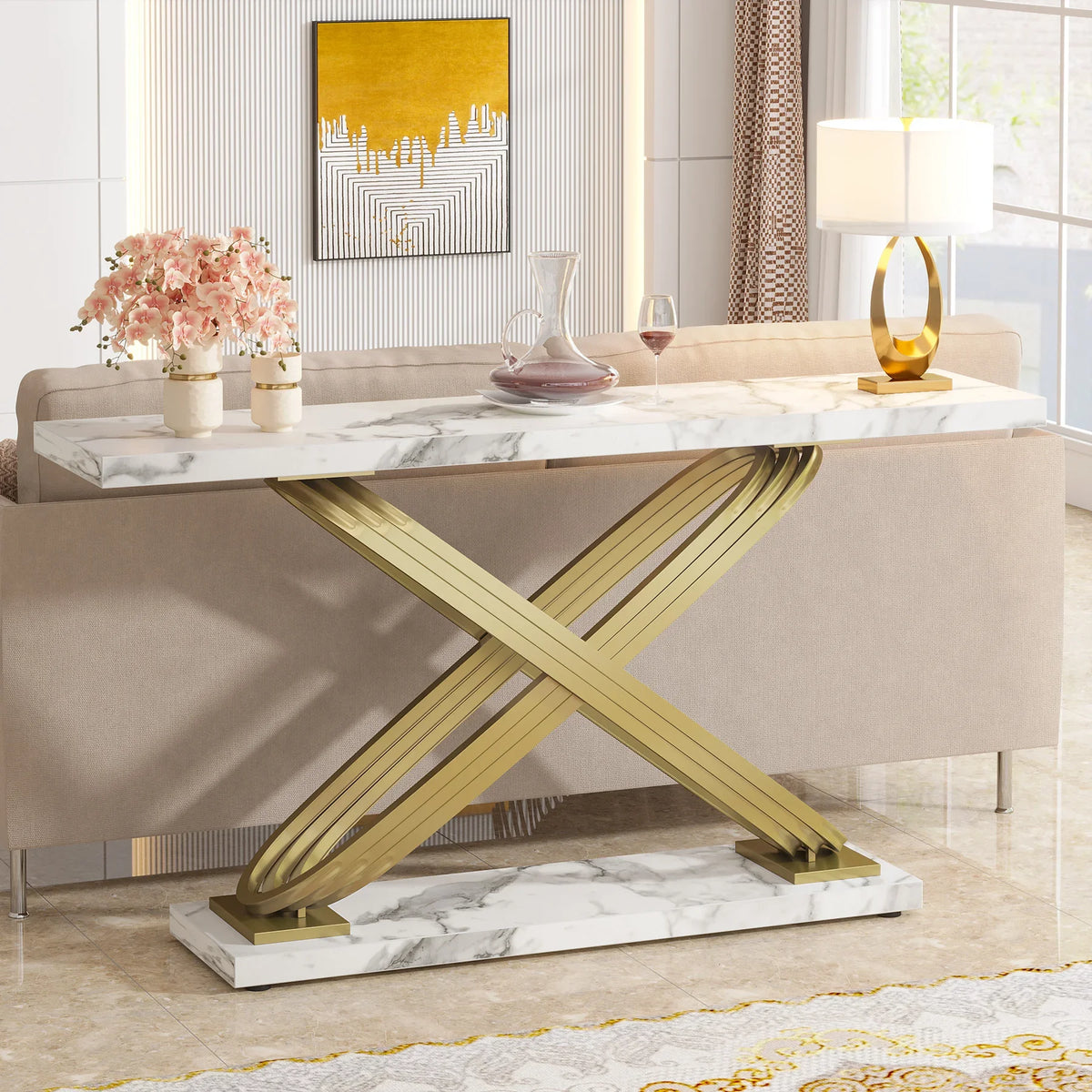 Tribesigns Modern Faux Marble Console Table Behind Sofa Couch