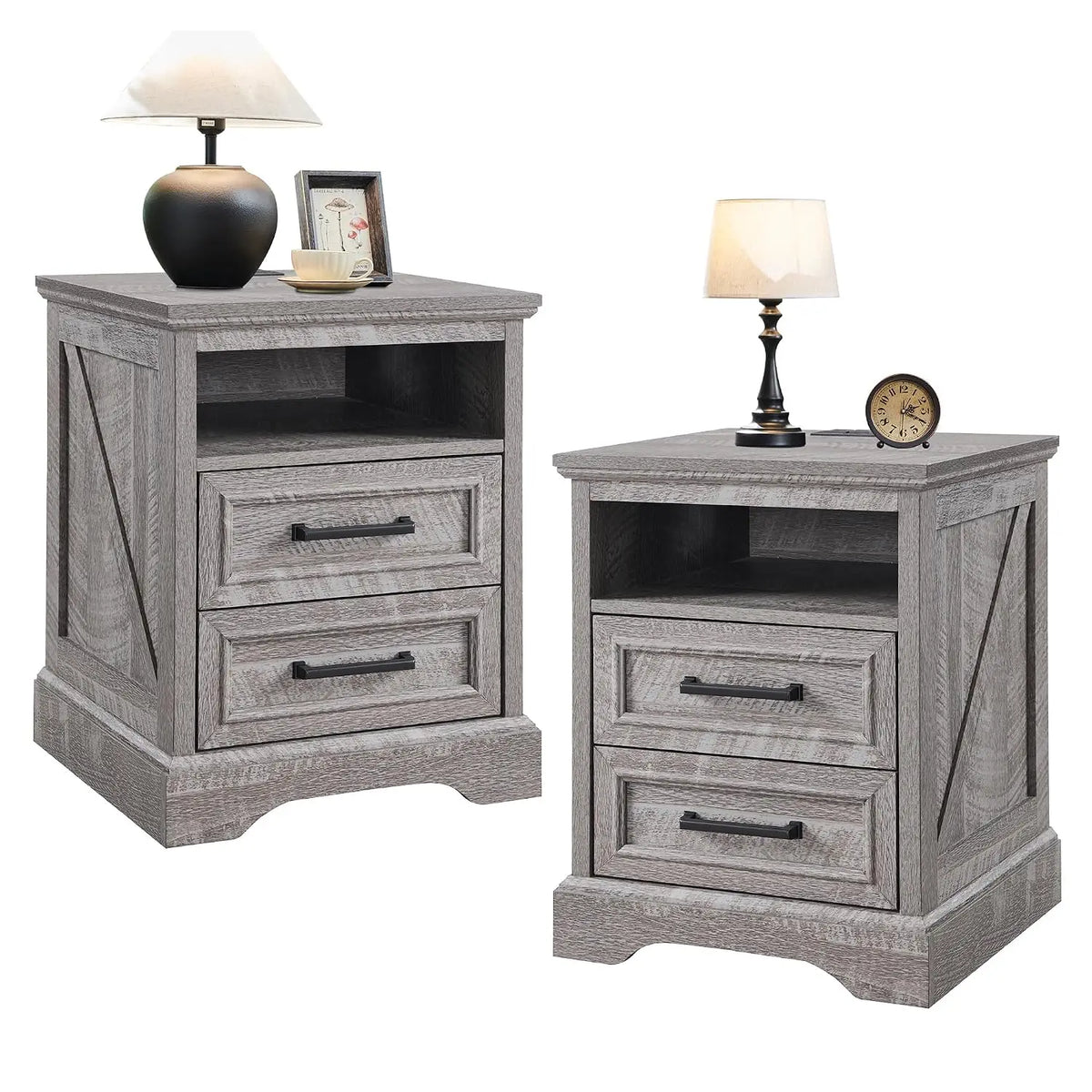 Farmhouse Nightstands Featuring Two Storage Drawers And Charging Station