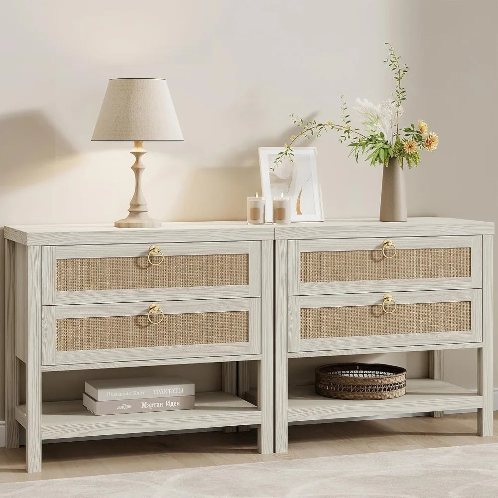 Modern Rattan Bedroom Nightstands With Drawers And Storage Shelf