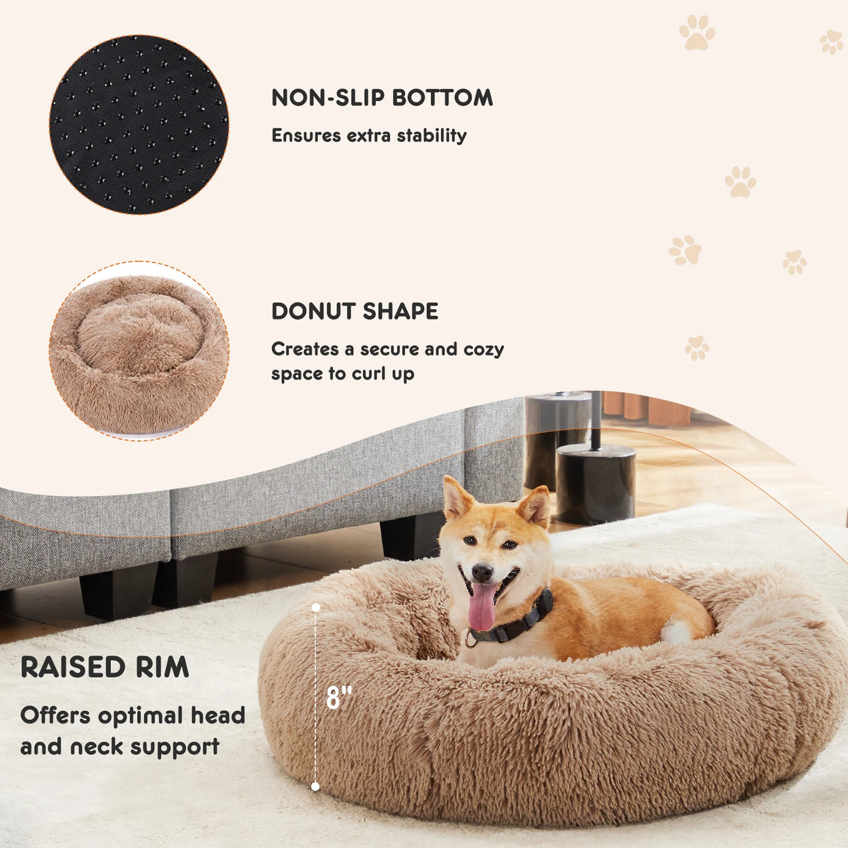 JHK Calming Plush Dog Bed Washable Anti Slip Round