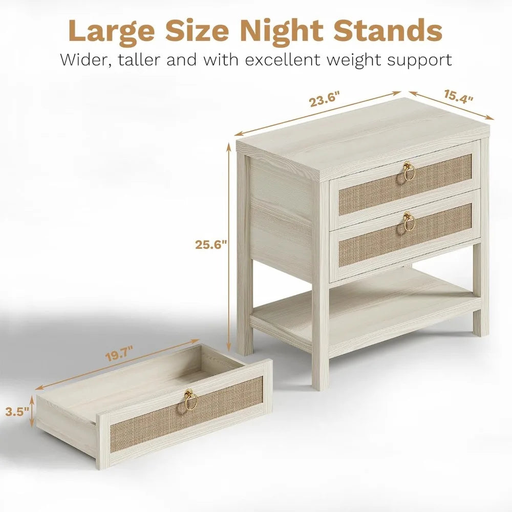 Modern Rattan Bedroom Nightstands With Drawers And Storage Shelf