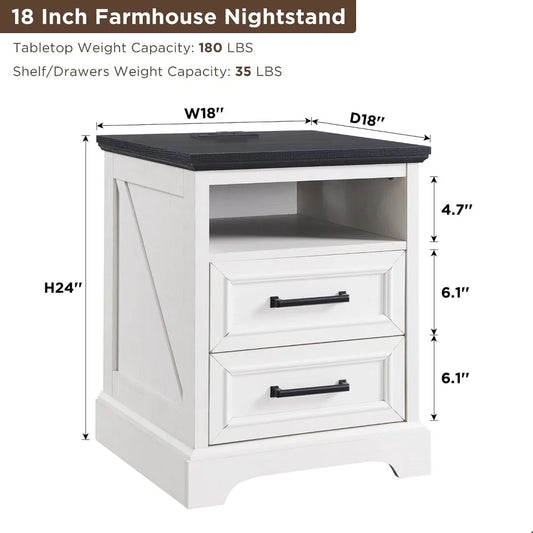 Farmhouse Nightstands Featuring Two Storage Drawers And Charging Station