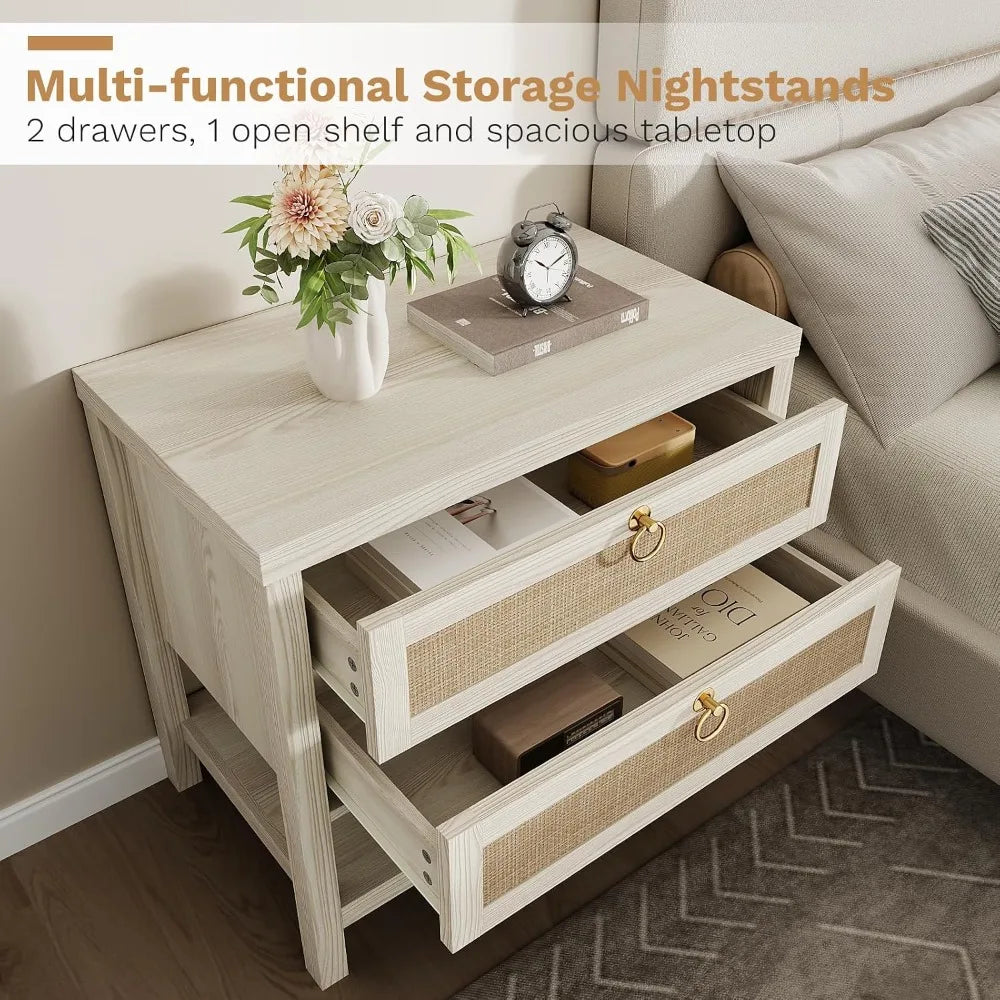 Modern Rattan Bedroom Nightstands With Drawers And Storage Shelf