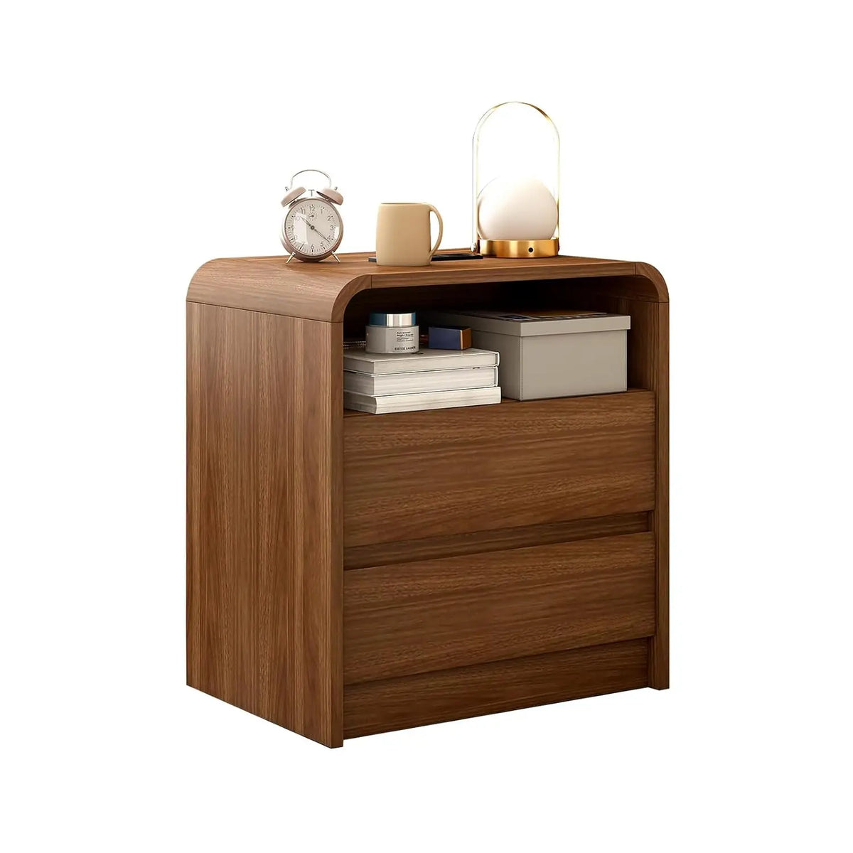 23.6" Walnut Nightstand with Charging Station, Anti-Collision Mid Century Modern Bedside Table with 500 LB, Customized