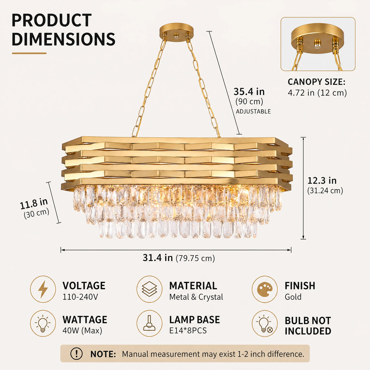 Modern Gold Crystal Chandelier, Luxury Pendant Light with Adjustable Hanging Chain, Rectangular K9 Crystal 8‑Light E14 Base Ceiling Lamp for Kitchen Island Dining Room Living Room