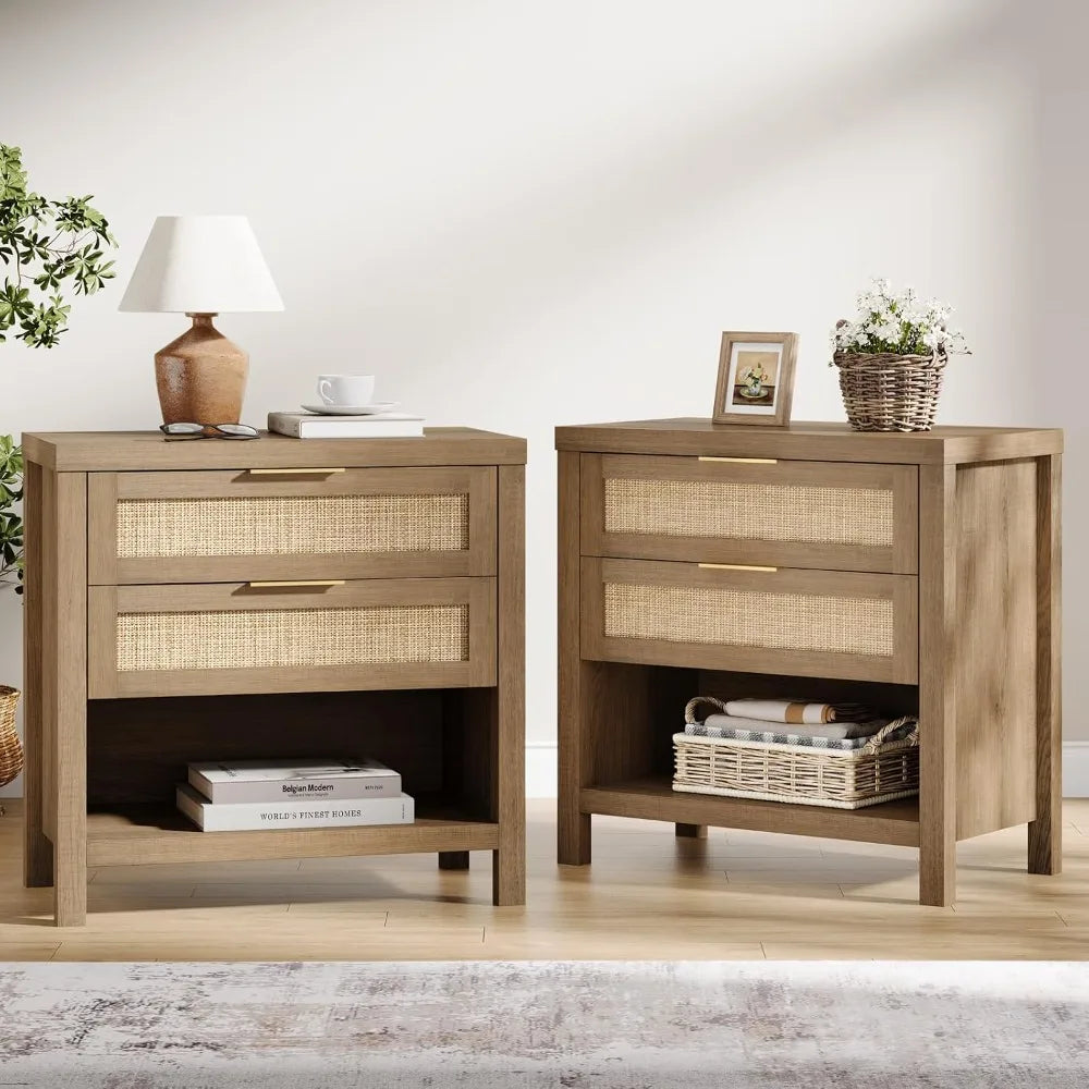 Farmhouse Rattan Nightstands Set Of 2 Drawers Bedside Accent Table