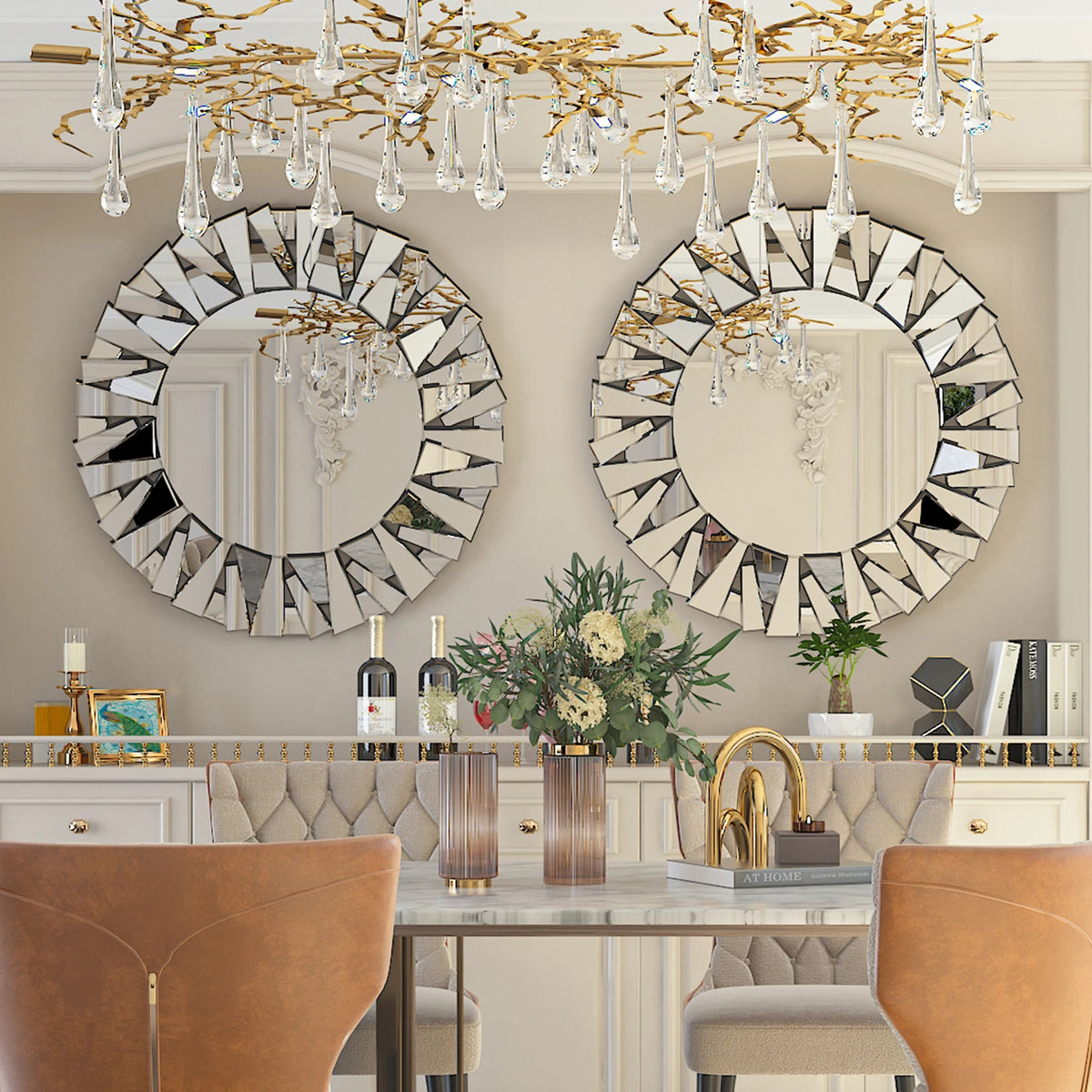Decorative Round Sunburst Mirror Wall Mounted Beveled Glass