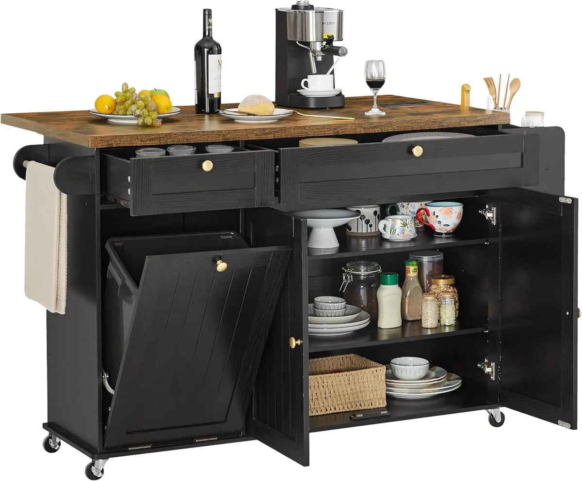 Onbrill Mobile Kitchen Island Wooden Cart With Power Outlet