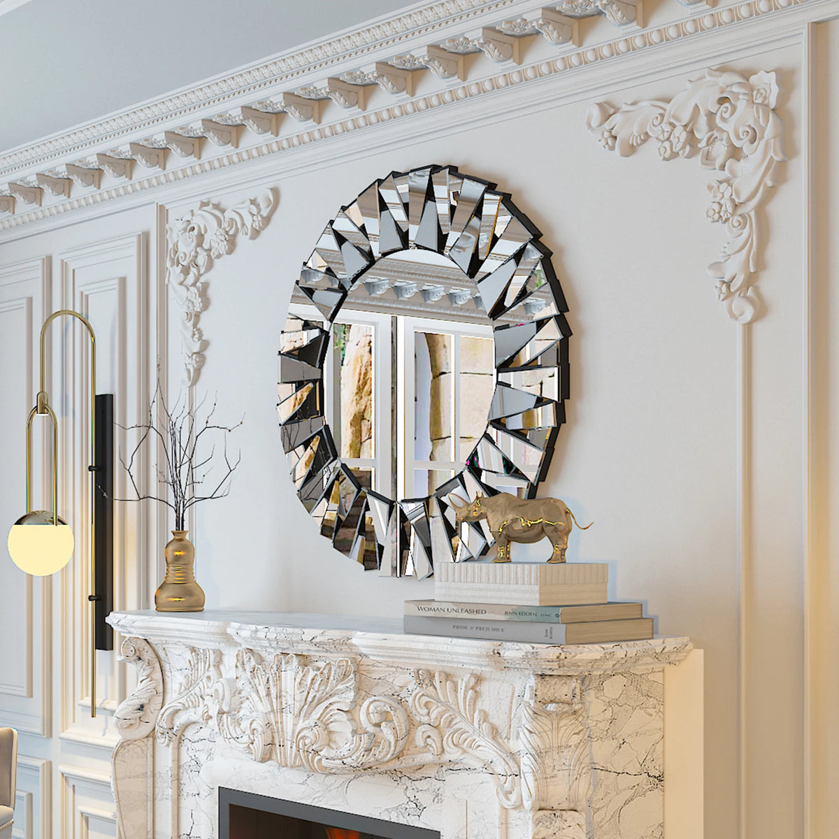 Decorative Round Sunburst Mirror Wall Mounted Beveled Glass
