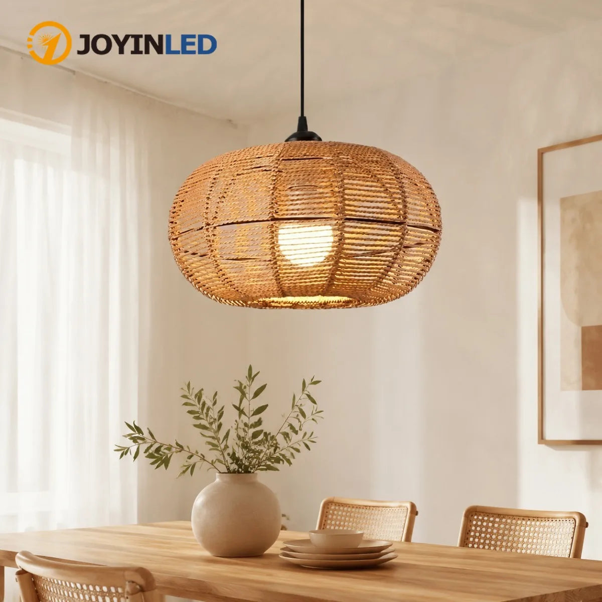 JOYINLED Hand Woven Rattan Boho Pendant Light Fixture