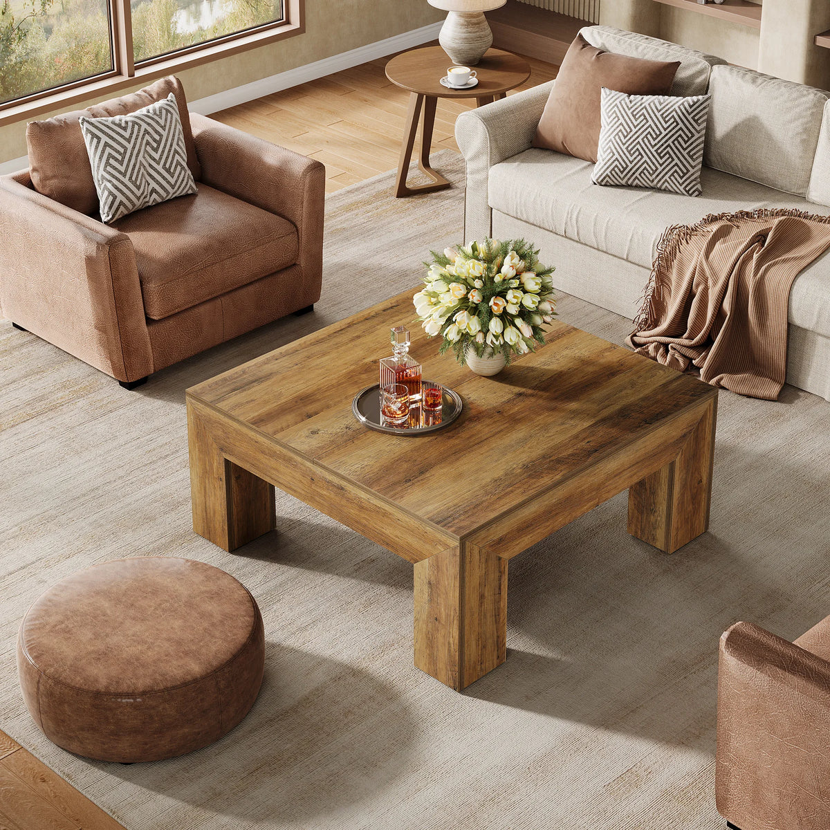 Tribesigns Square Farmhouse Coffee Table With Wooden Legs
