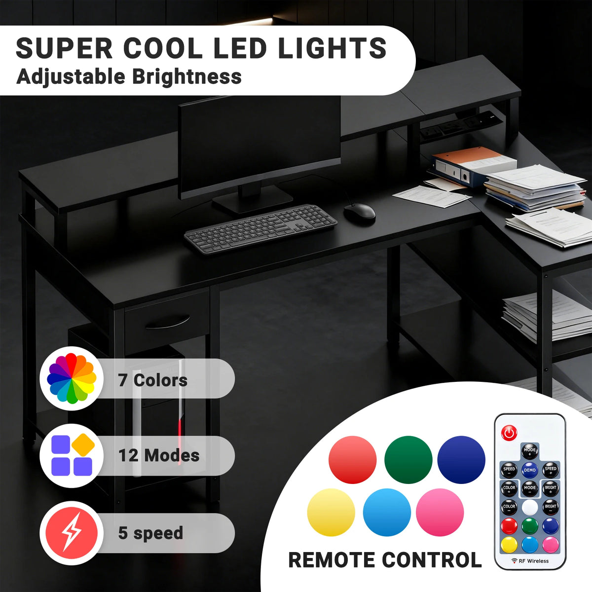 JHK L Shaped Gaming Desk With USB Charging Ports LED