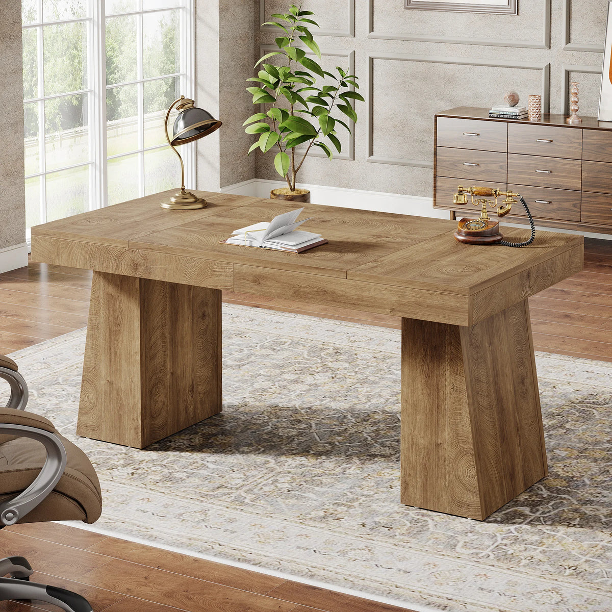 Tribesigns Wooden Executive Office Desk With Double Pedestals