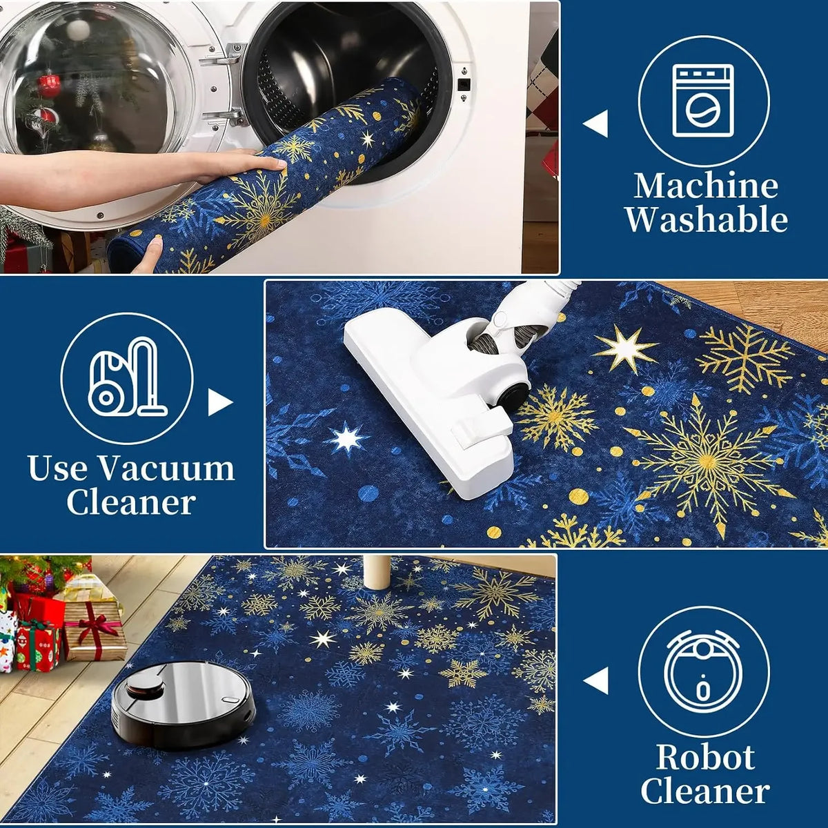 Garvee 2x6inch Christmas Washable Area Rug Non-Slip Area Rugs Soft Soft Fabric Blue Carpet with Snowflake Design for Holiday Home Decor Low Pile, Durable, Pet Friendly