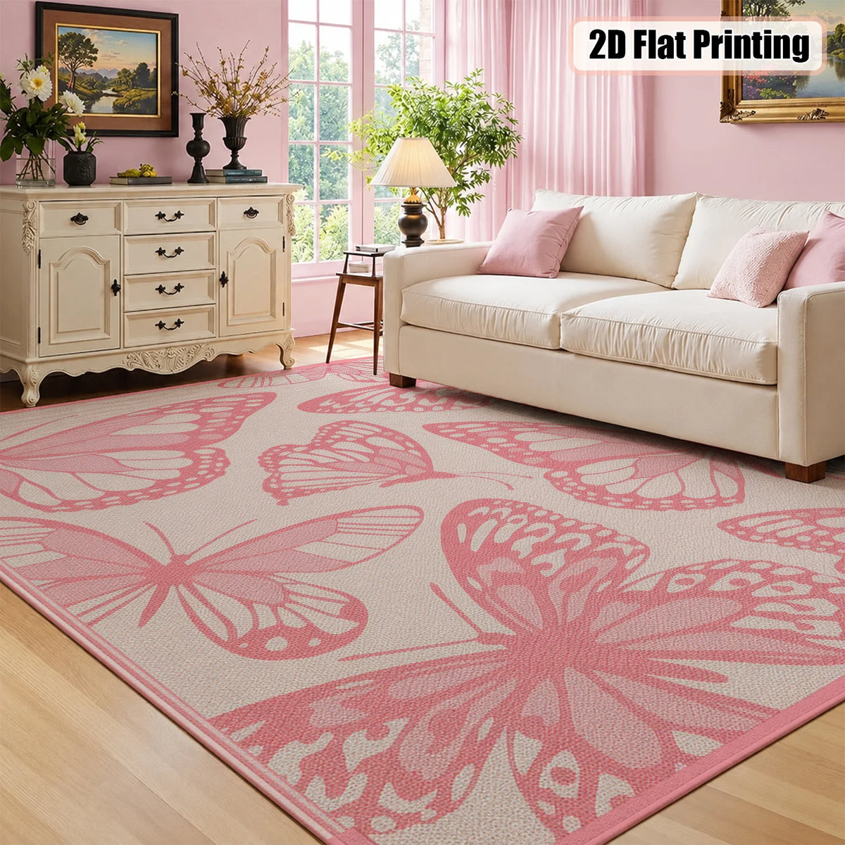 Large Indoor Area Rug, Soft Velvet Low Pile Floor Rug with Pink Butterfly Pattern, Non-Slip Dotted Backing, Machine Washable Decorative Carpet for Living Room, Bedroom, Girls' Room