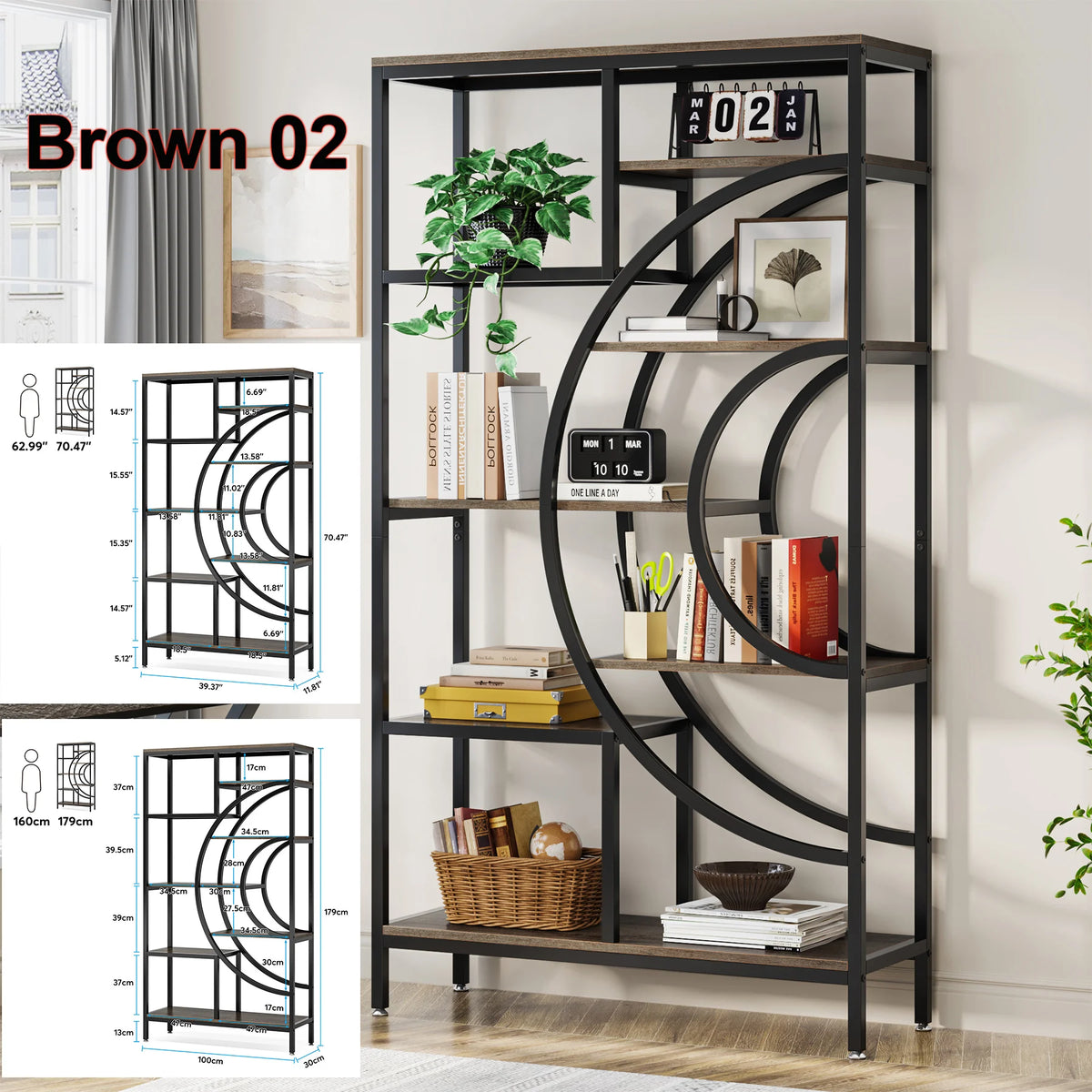 Tribesigns Industrial Five Tier Metal Wood Bookcase Storage Organizer