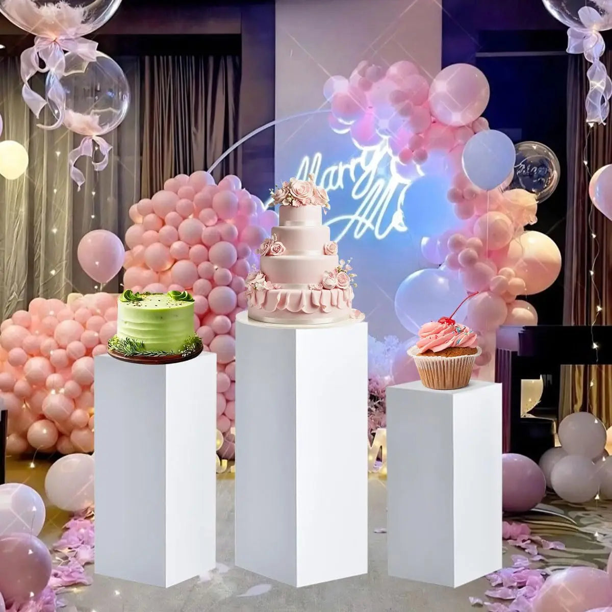 3Pcs White Metal Display Pedestal Stand for Party Wedding Sculpture Cylindrical Holder for Home Garden Decoration