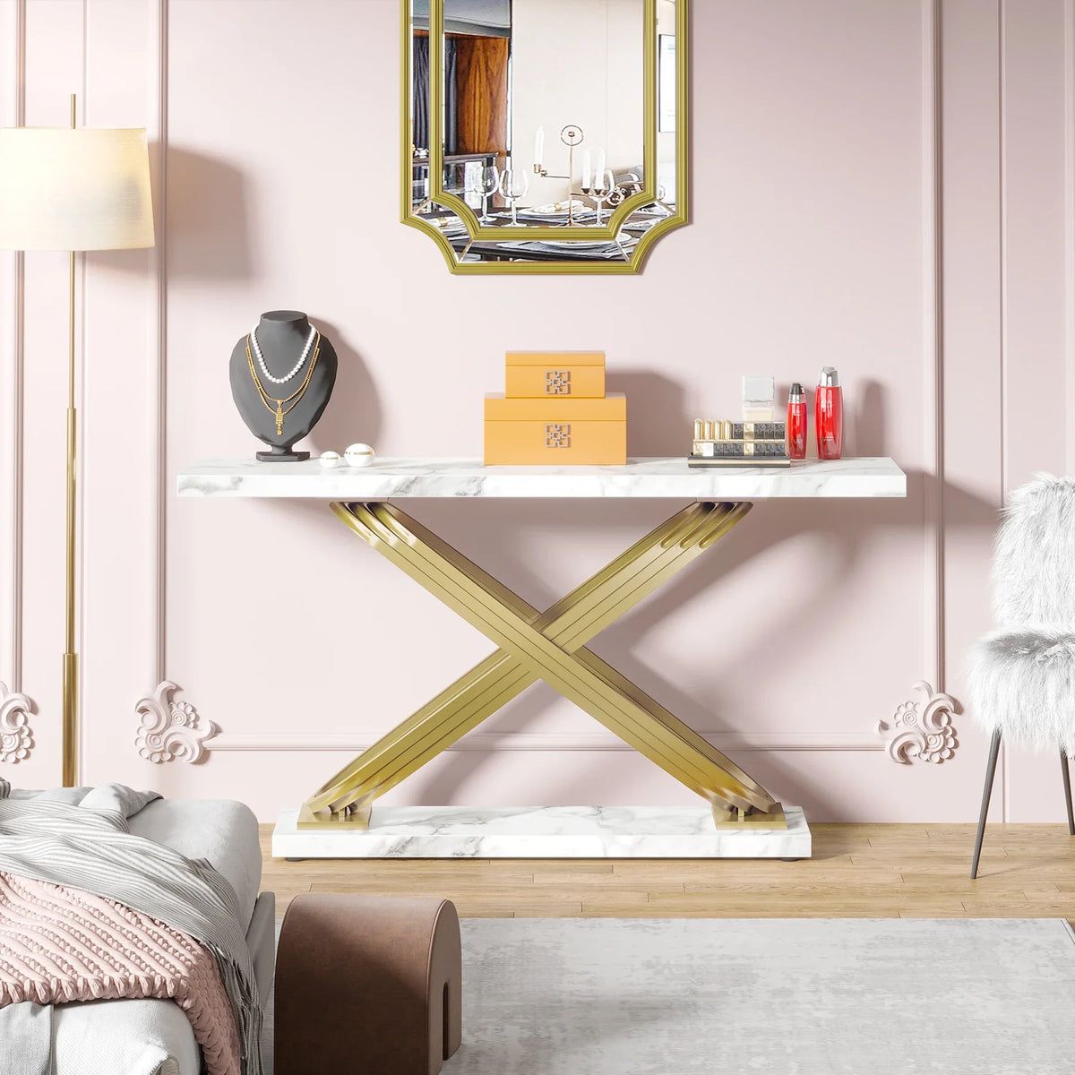 Tribesigns Modern Faux Marble Console Table Behind Sofa Couch