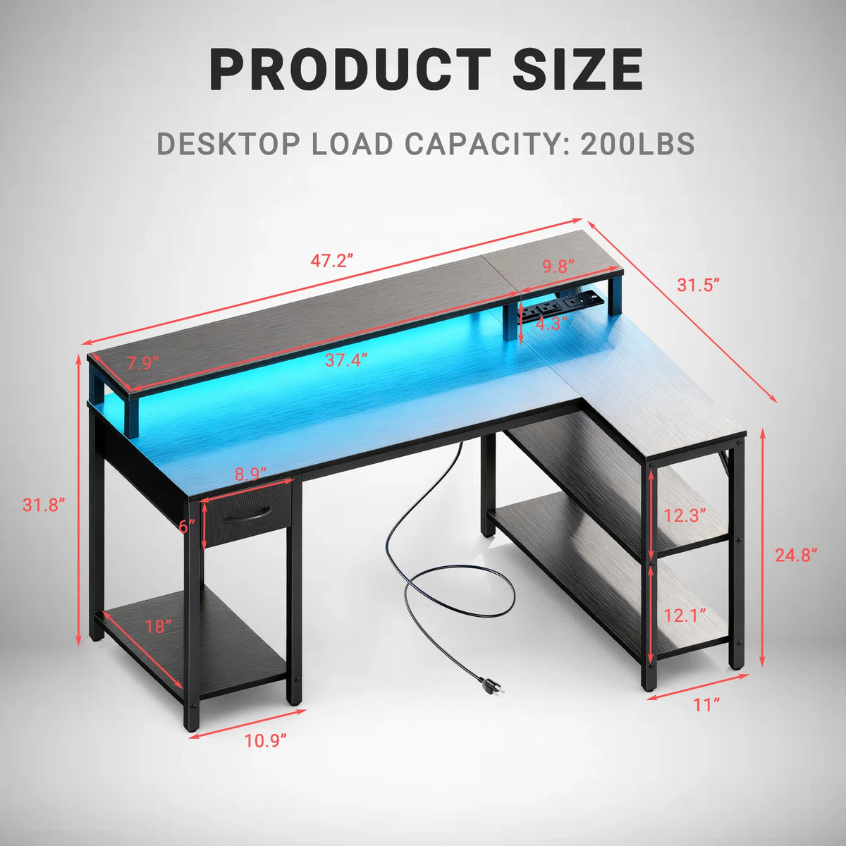 JHK L Shaped Gaming Desk With USB Charging Ports LED