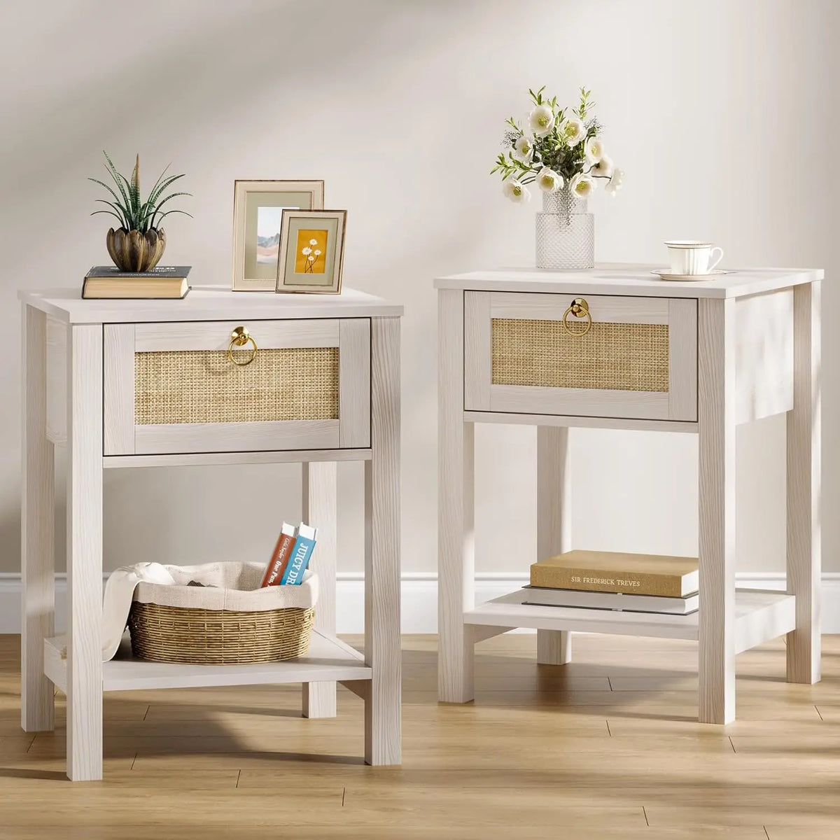 Modern Rattan Bedroom Nightstands With Drawers And Storage Shelf
