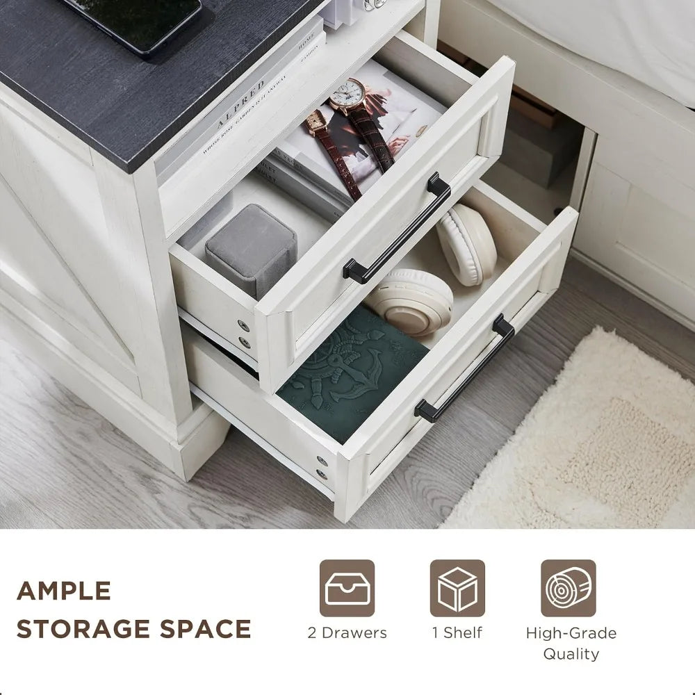 Farmhouse Nightstands Featuring Two Storage Drawers And Charging Station