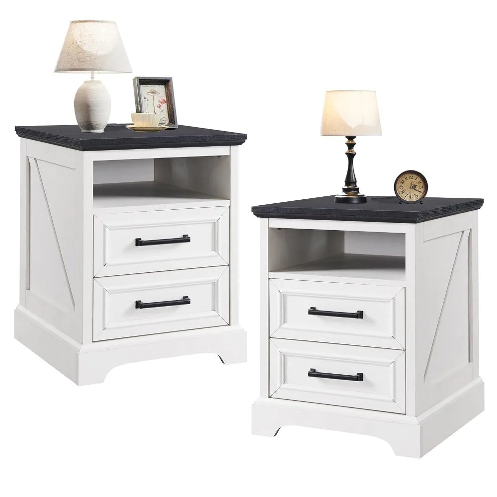 Farmhouse Nightstands Featuring Two Storage Drawers And Charging Station