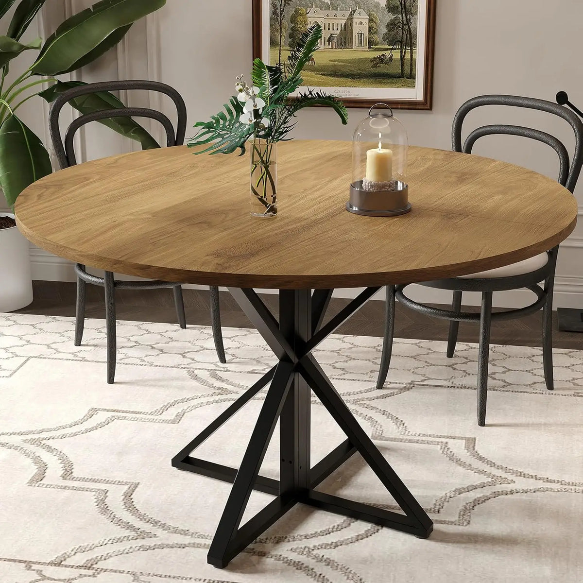 Twister Ck Round Wood Dining Table With Metal Pedestal Base