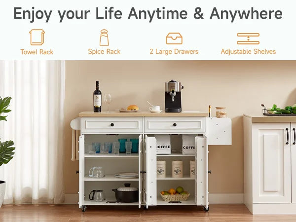 Wooden Rolling Kitchen Island With Storage And Spice Rack