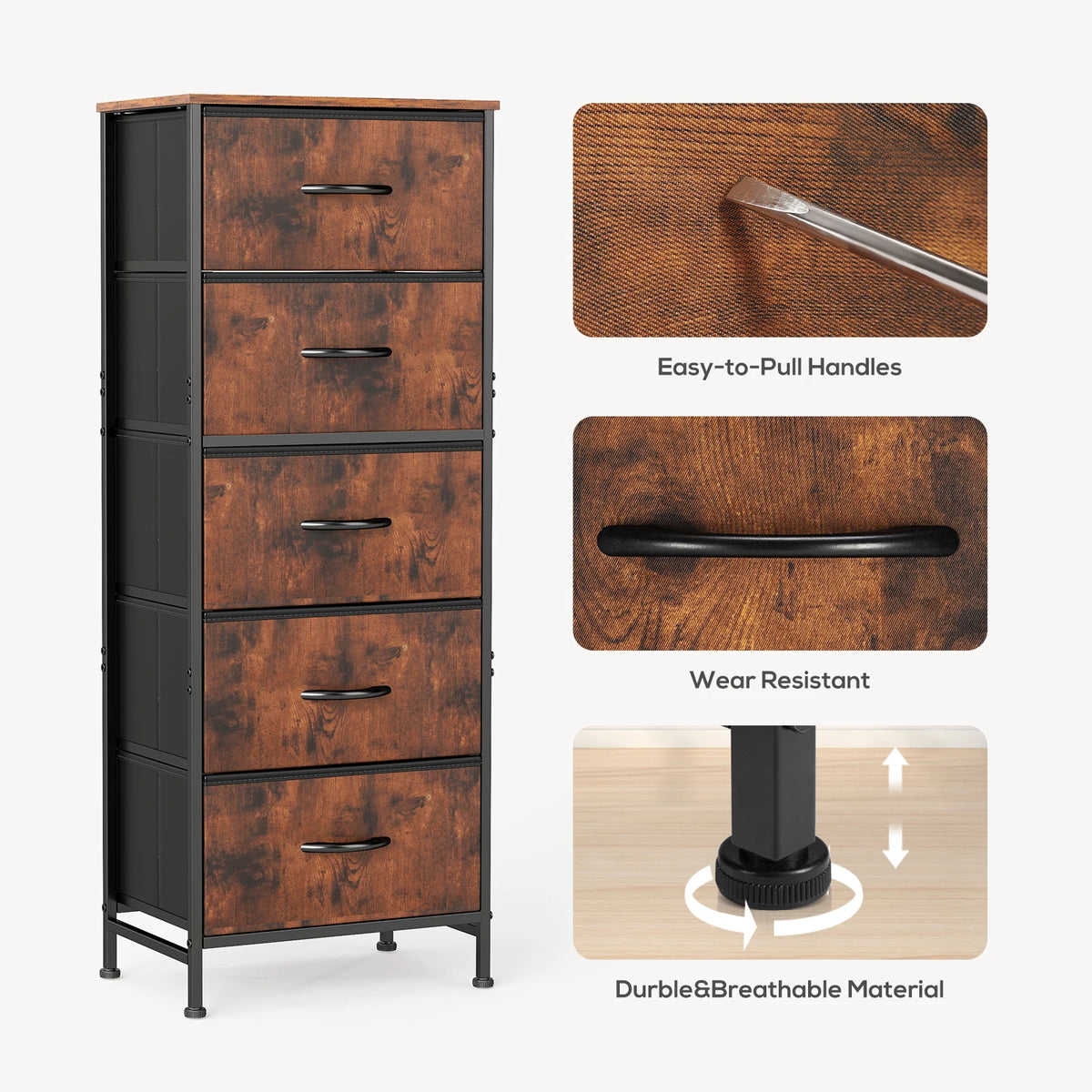 JHK Bedroom Dresser With 5 Fabric Drawers Steel Frame Nightstand