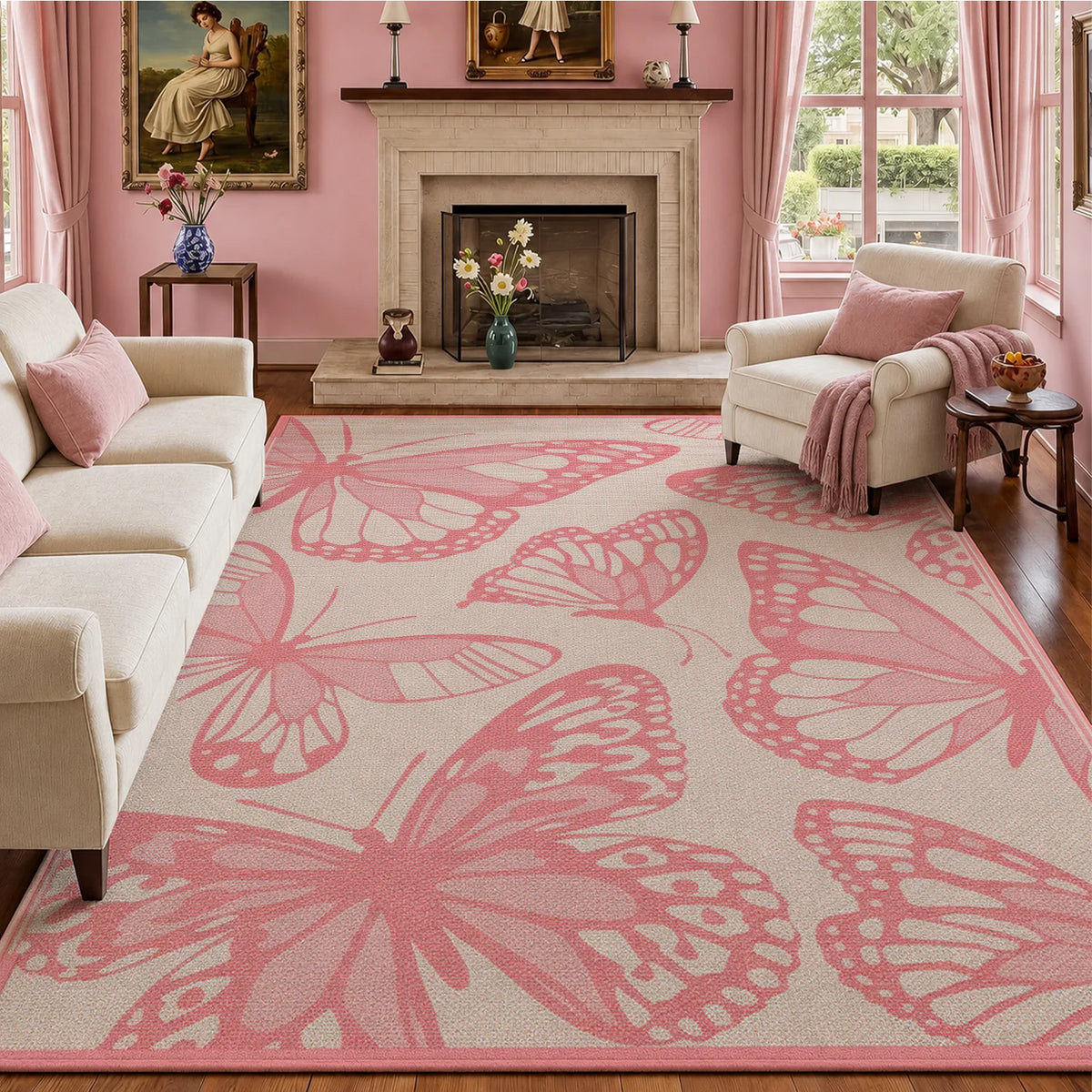 Large Indoor Area Rug, Soft Velvet Low Pile Floor Rug with Pink Butterfly Pattern, Non-Slip Dotted Backing, Machine Washable Decorative Carpet for Living Room, Bedroom, Girls' Room